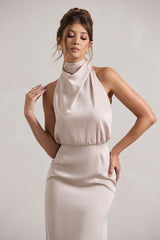 Champagne Satin Twisted High-Neck Midi Dress