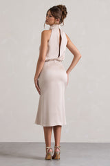 Champagne Satin Twisted High-Neck Midi Dress