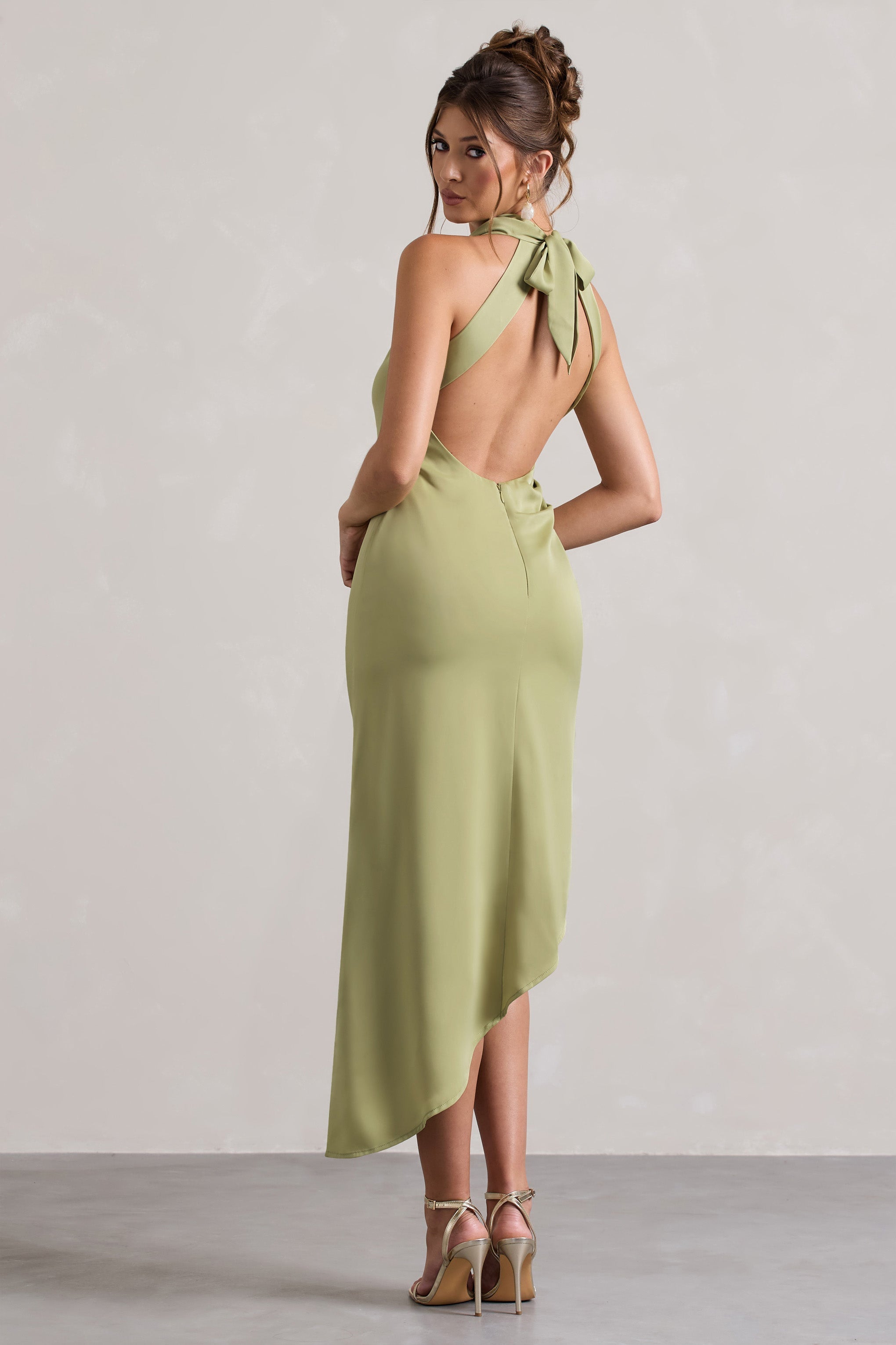 Light Olive Satin Cowl-Neck Asymmetric Midi Dress