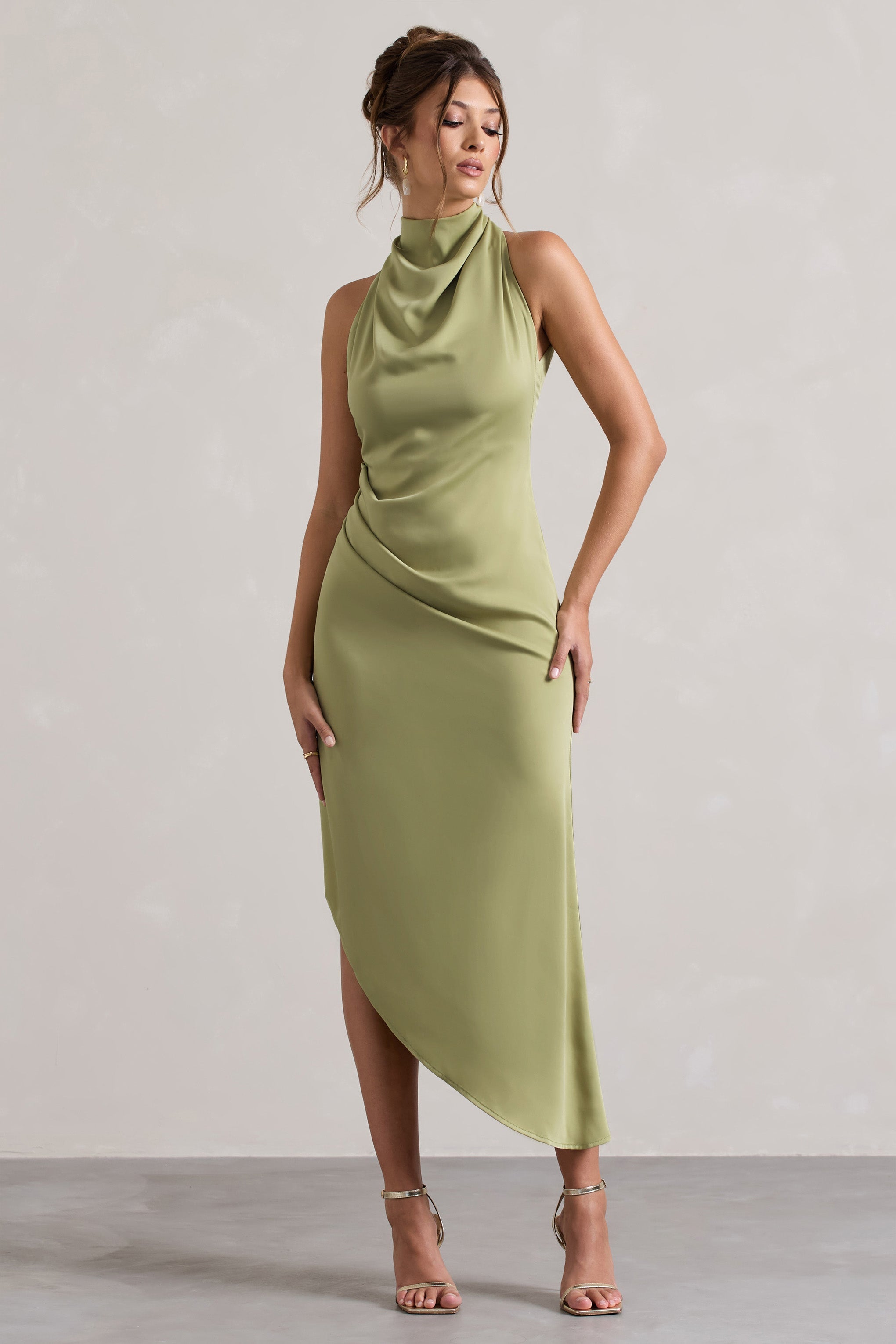 Light Olive Satin Cowl-Neck Asymmetric Midi Dress