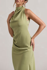 Light Olive Satin Cowl-Neck Asymmetric Midi Dress