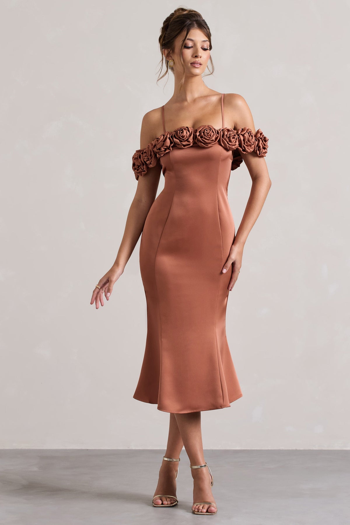 Rust Satin Floral Bardot Midi Dress