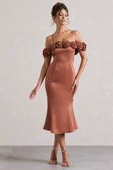 Rust Satin Floral Bardot Midi Dress