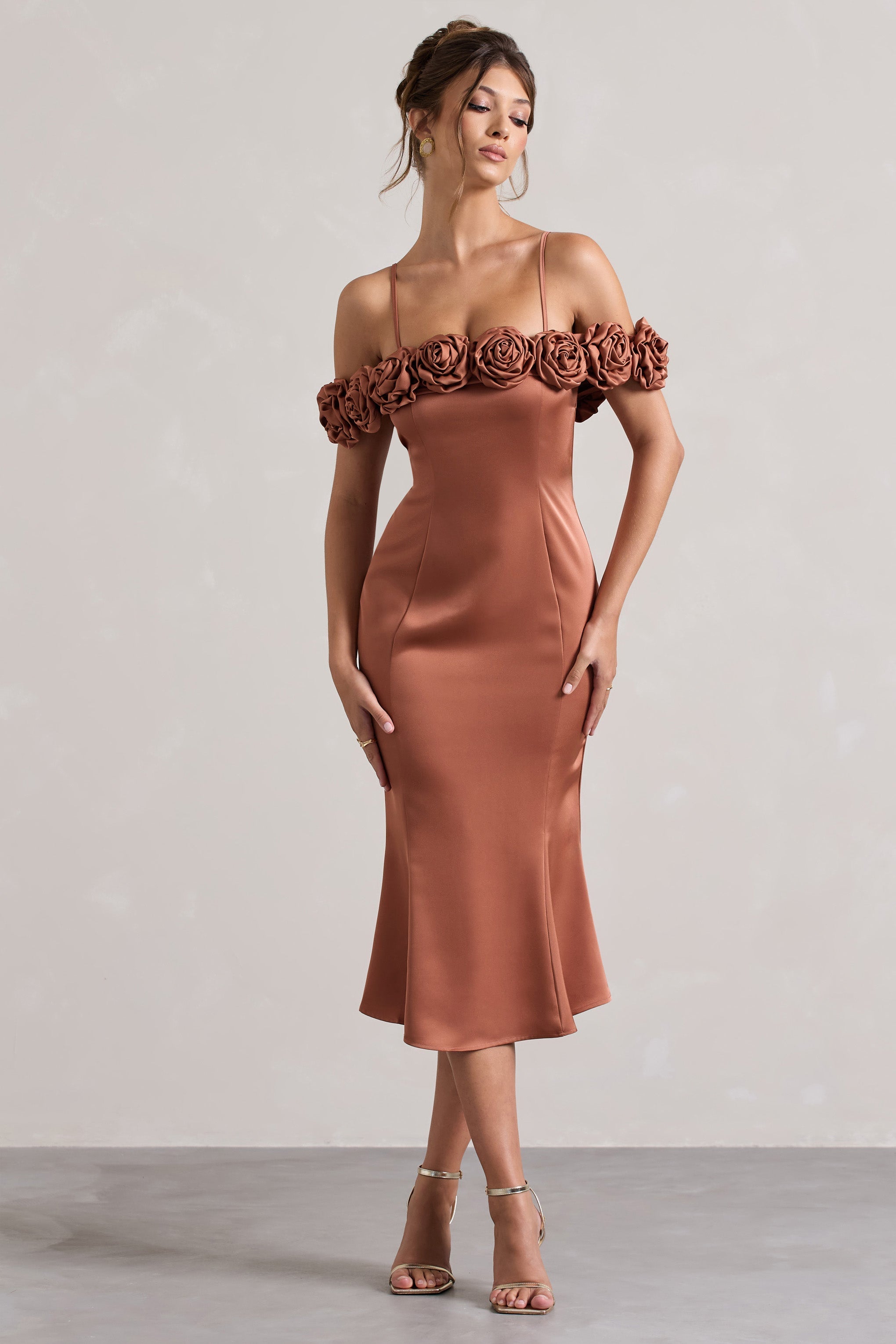 Rust Satin Floral Bardot Midi Dress
