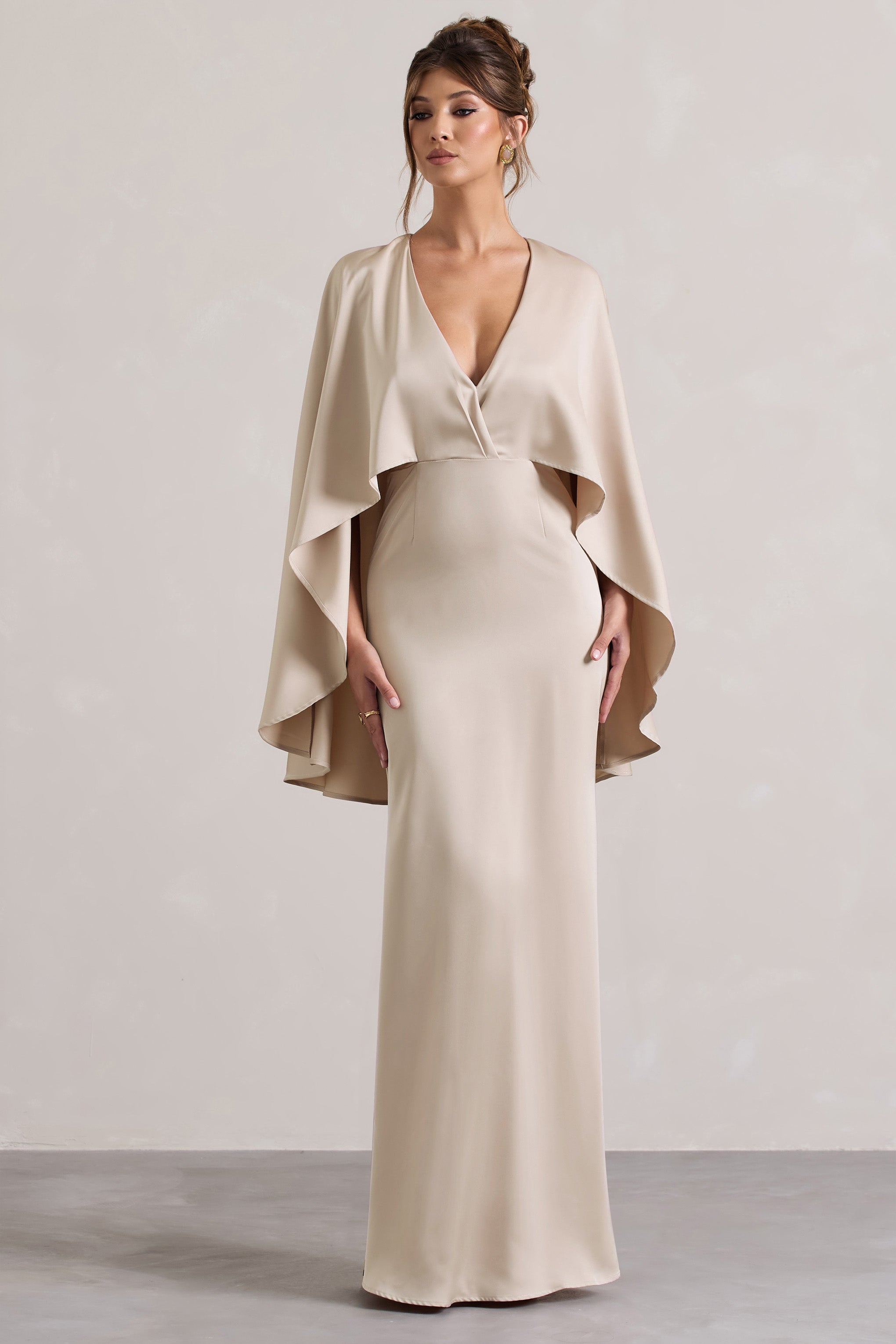 Champagne Satin Plunge-Neck Maxi Dress With Cape Sleeves