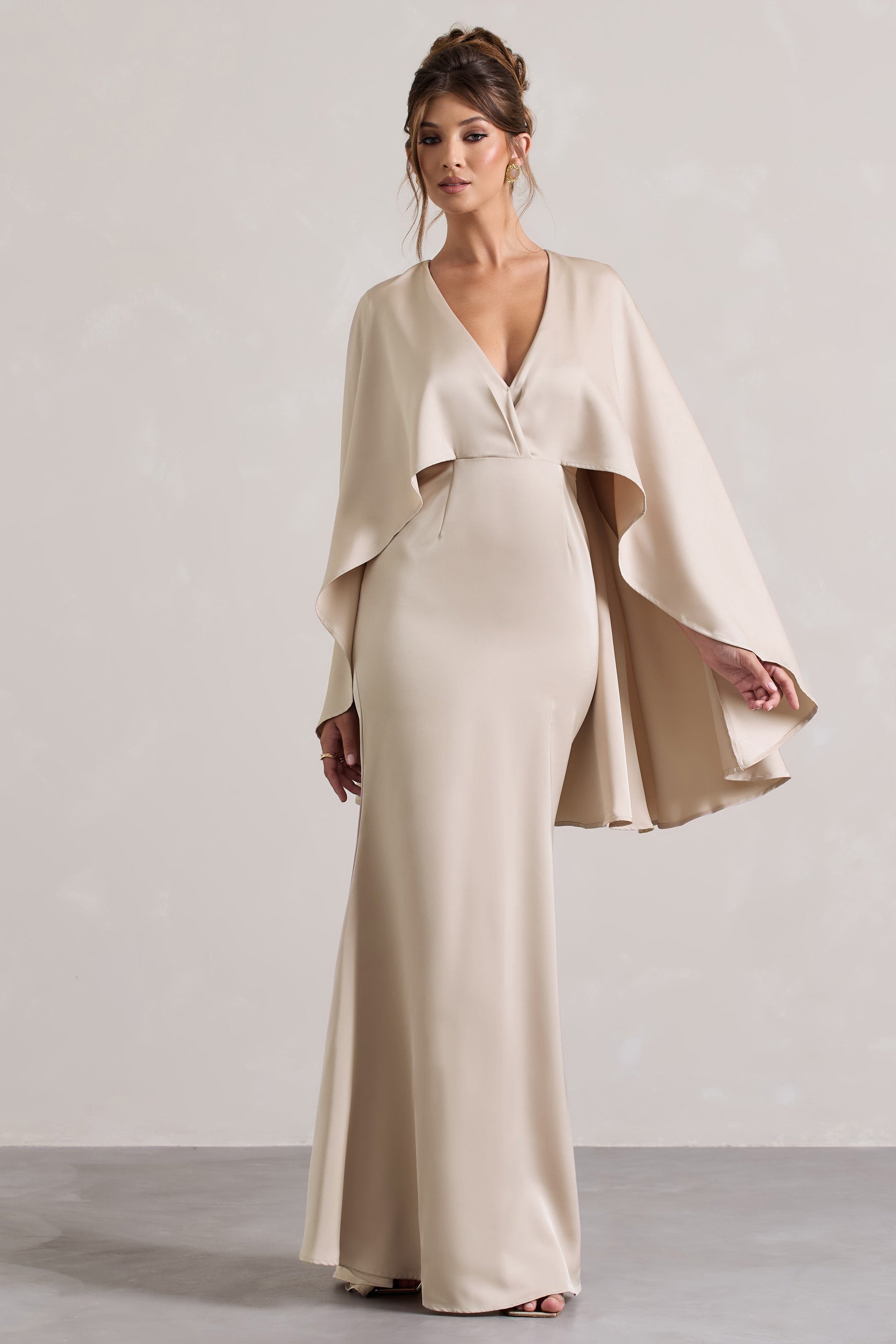 Champagne Satin Plunge-Neck Maxi Dress With Cape Sleeves