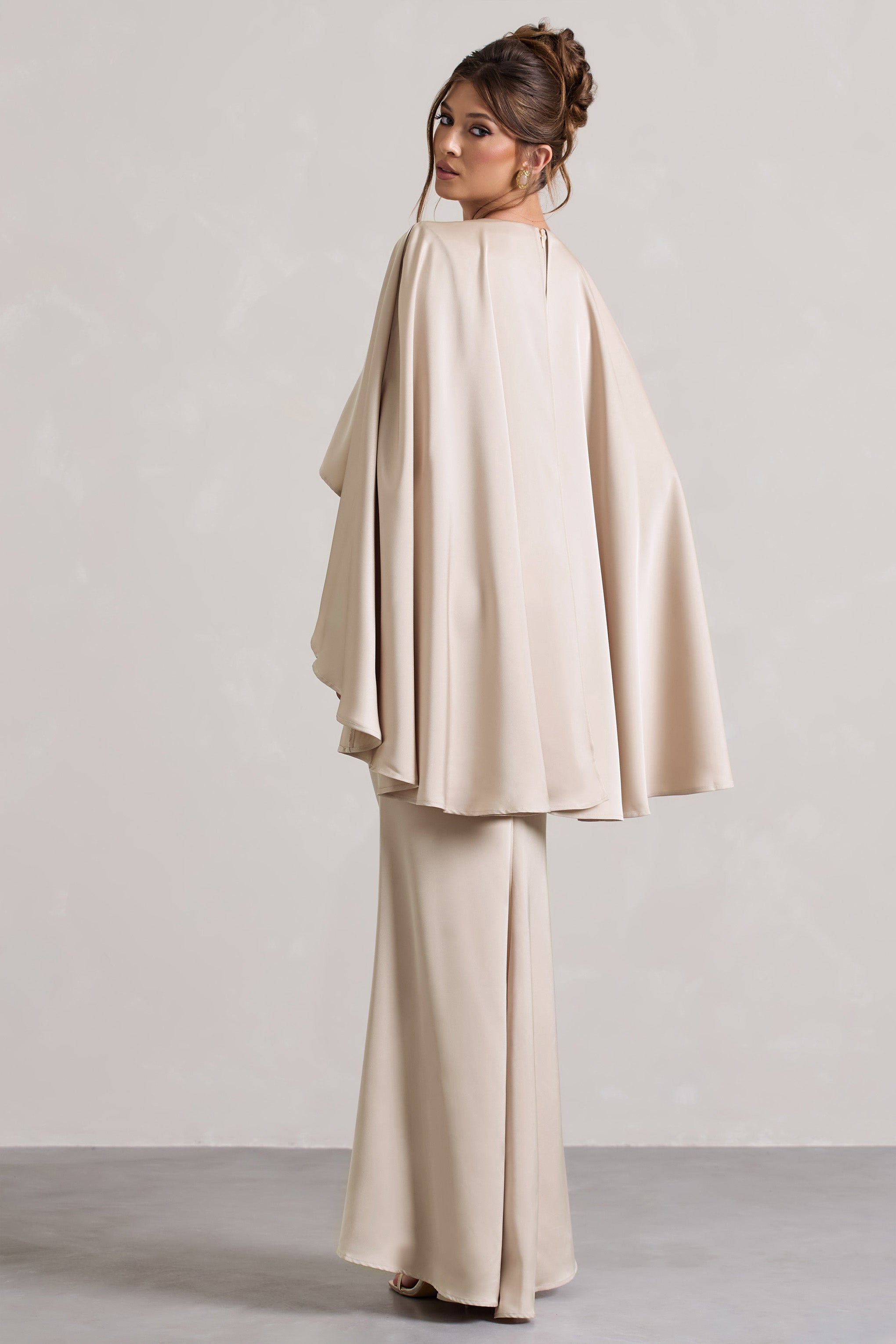 Champagne Satin Plunge-Neck Maxi Dress With Cape Sleeves