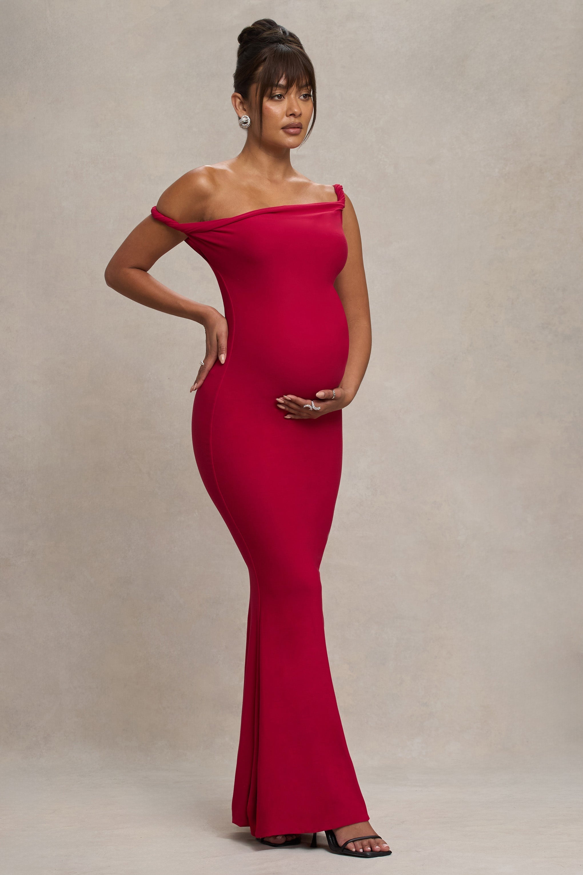 Red Twisted Asymmetric Maternity Maxi Dress