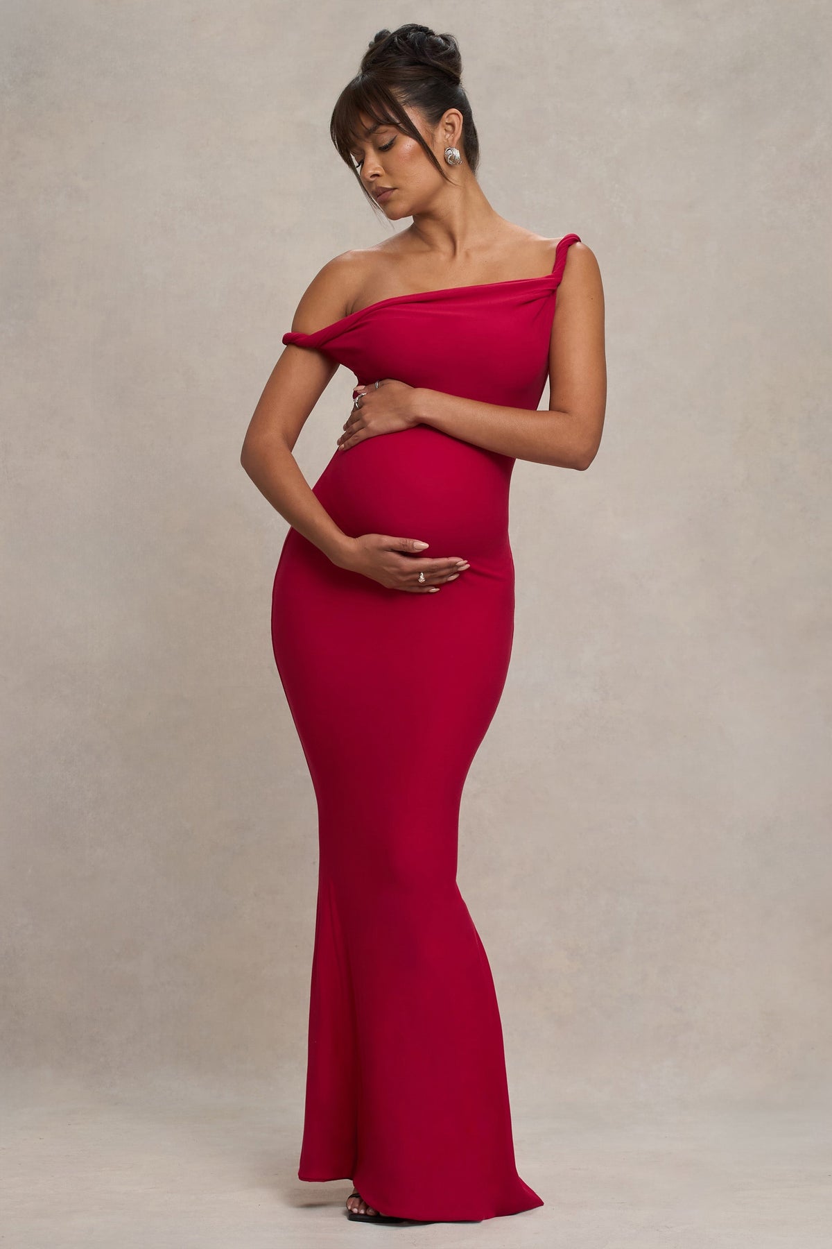 Red Twisted Asymmetric Maternity Maxi Dress