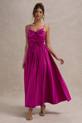 Fuschia Pink Strappy Pleated Maxi Dress With Bows