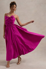 Fuschia Pink Strappy Pleated Maxi Dress With Bows