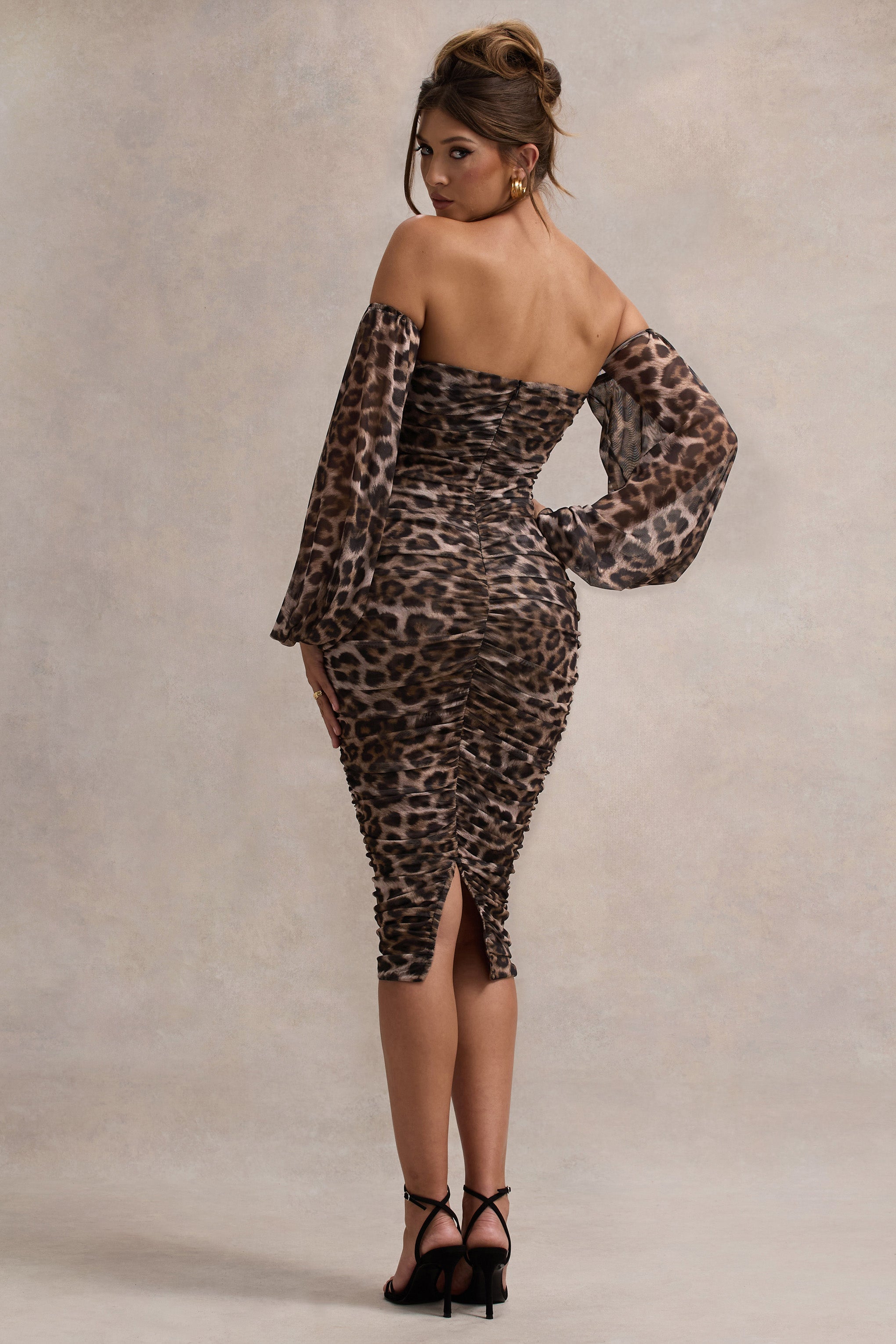 Leopard Print Bardot Puff-Sleeve Midi Dress
