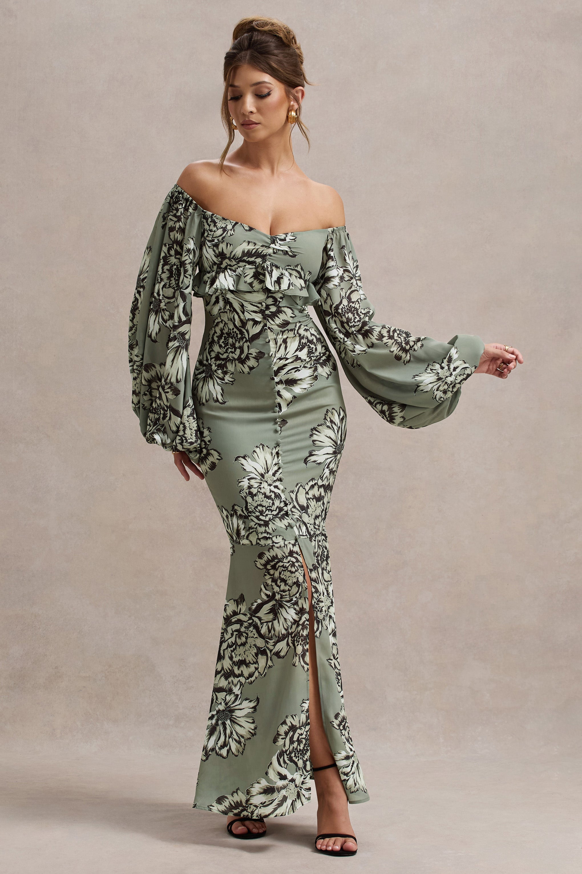 Olive Floral Print Chiffon Puff-Sleeve Button Maxi Dress