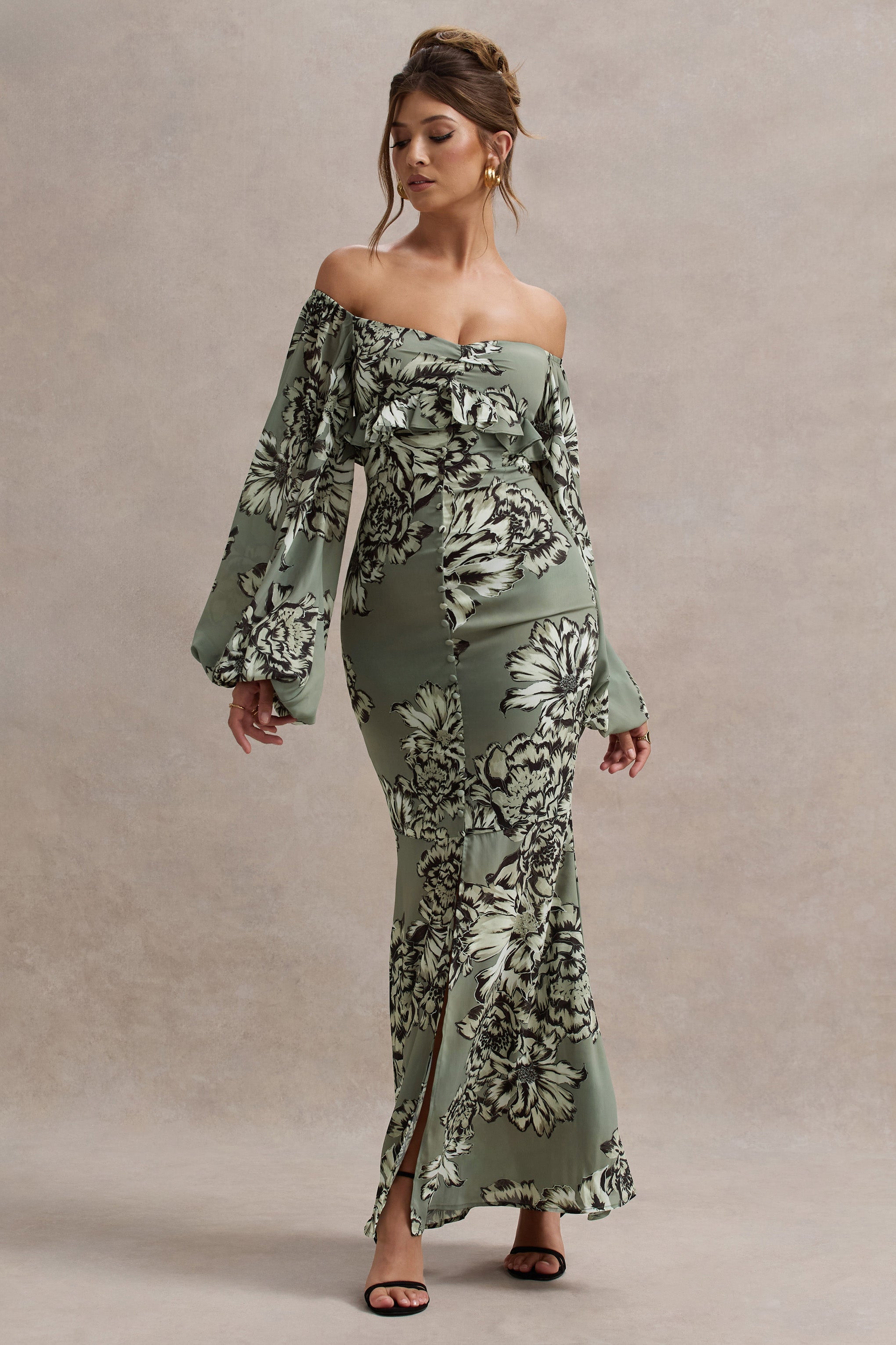 Olive Floral Print Chiffon Puff-Sleeve Button Maxi Dress