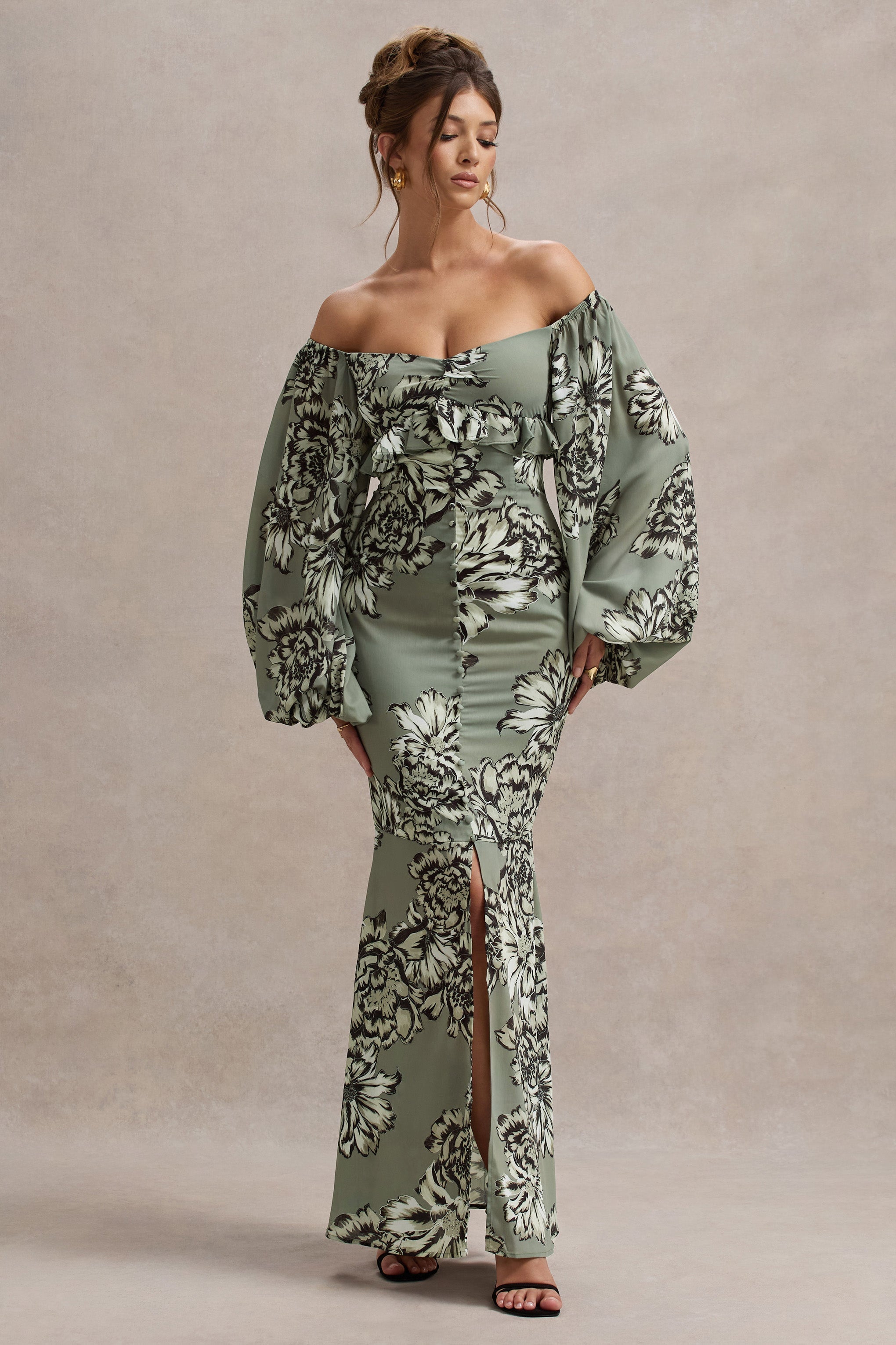 Olive Floral Print Chiffon Puff-Sleeve Button Maxi Dress
