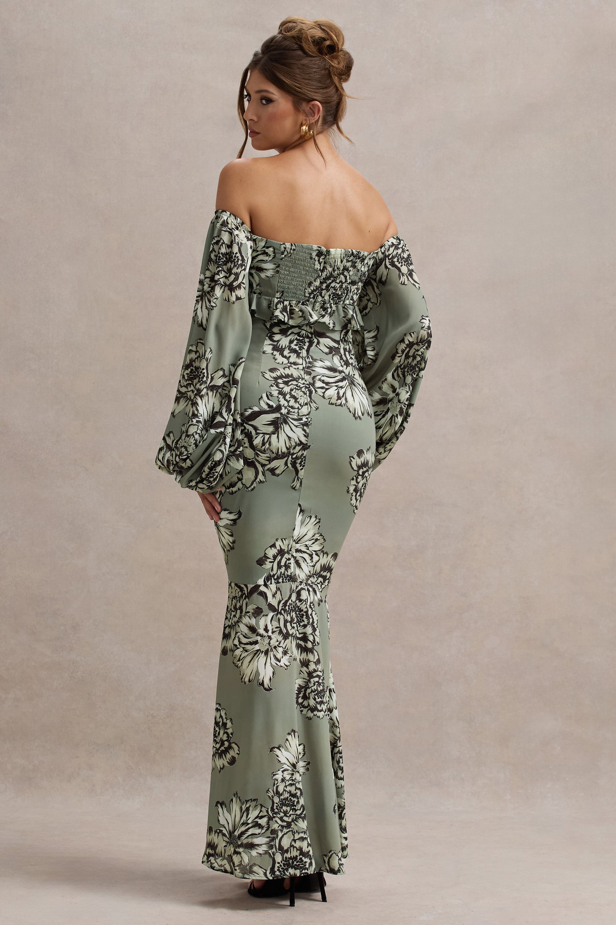 Olive Floral Print Chiffon Puff-Sleeve Button Maxi Dress