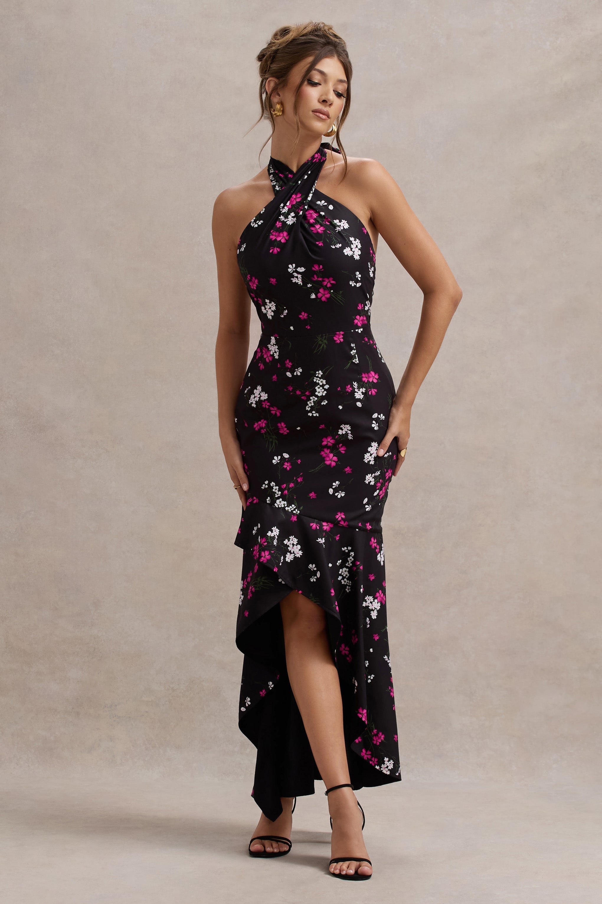 Black Ditsy Floral Print Satin Halter-Neck Ruffled Maxi Dress