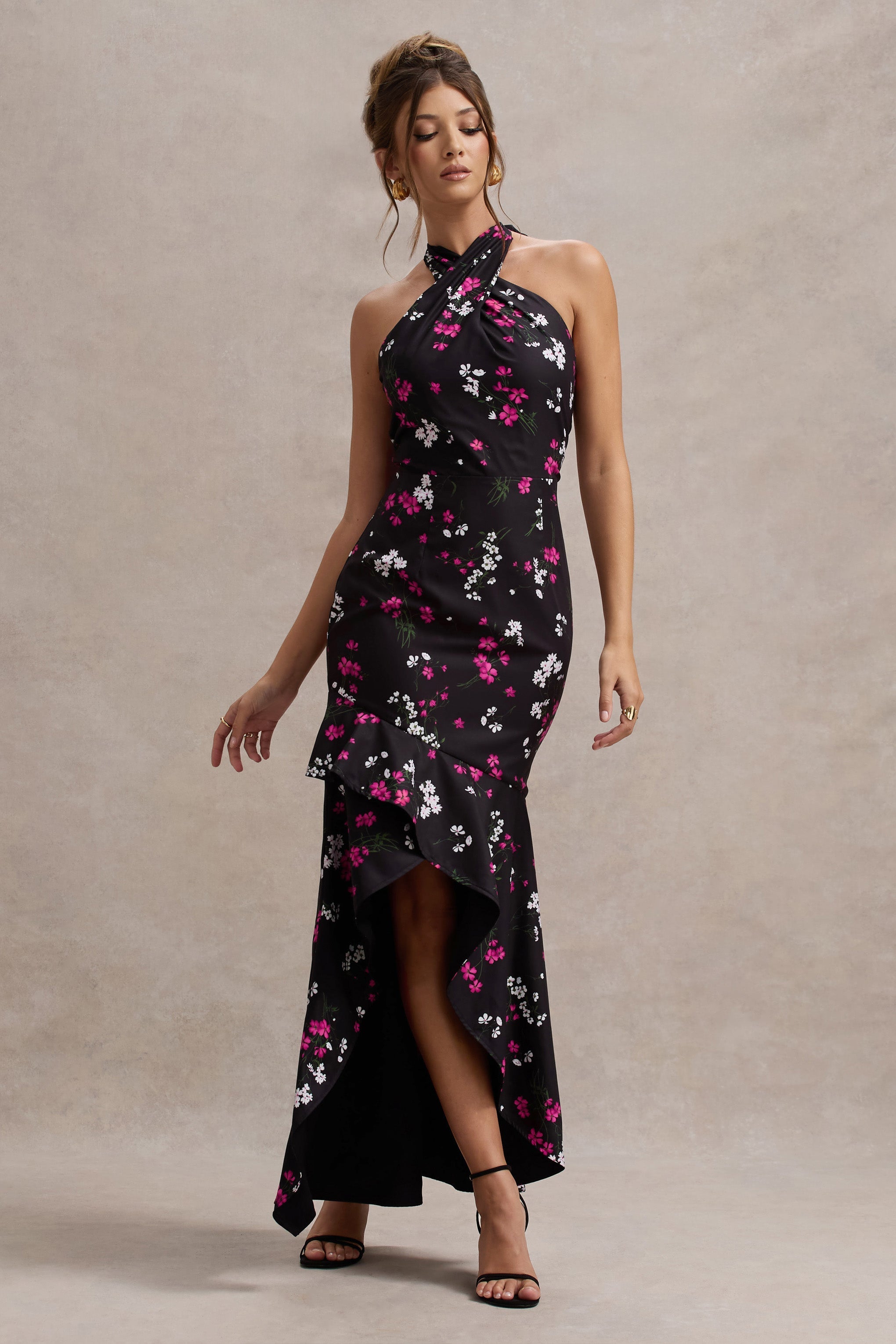 Black Ditsy Floral Print Satin Halter-Neck Ruffled Maxi Dress
