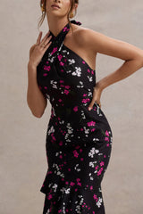 Black Ditsy Floral Print Satin Halter-Neck Ruffled Maxi Dress