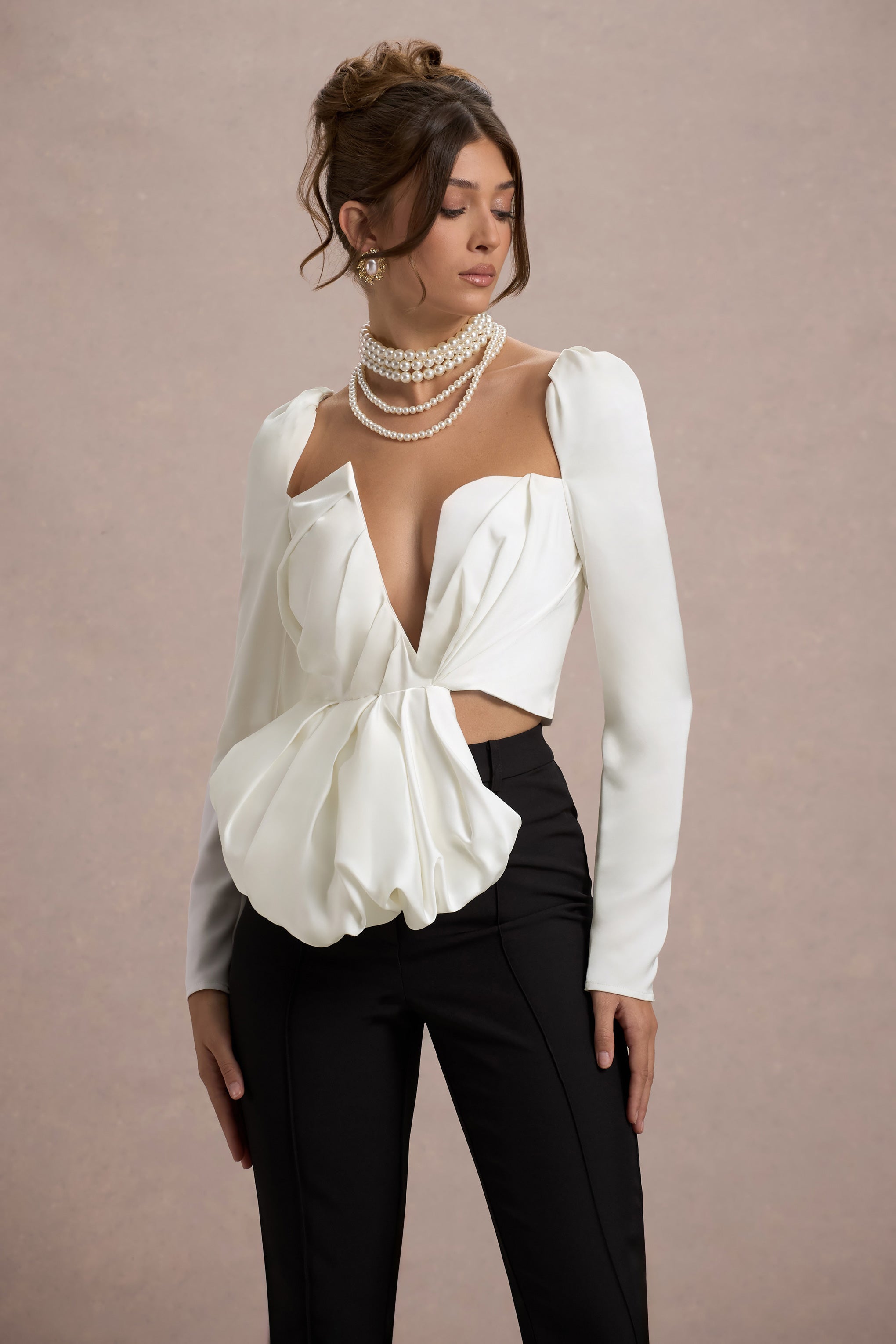 Ecru Satin Asymmetric Plunge-Neck Top With Ruffle