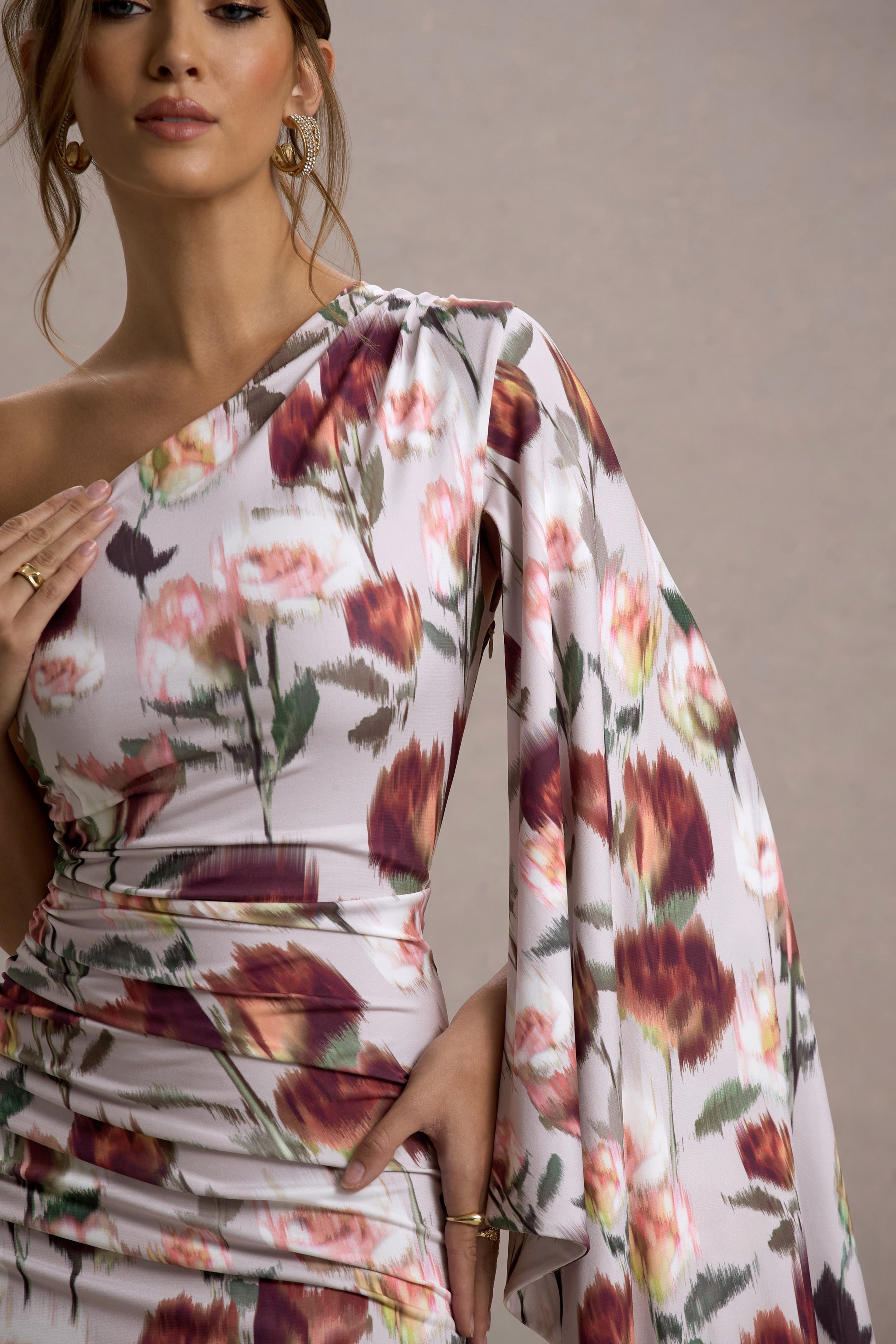 Cream Floral Print Asymmetric Cape Sleeve Maxi Dress