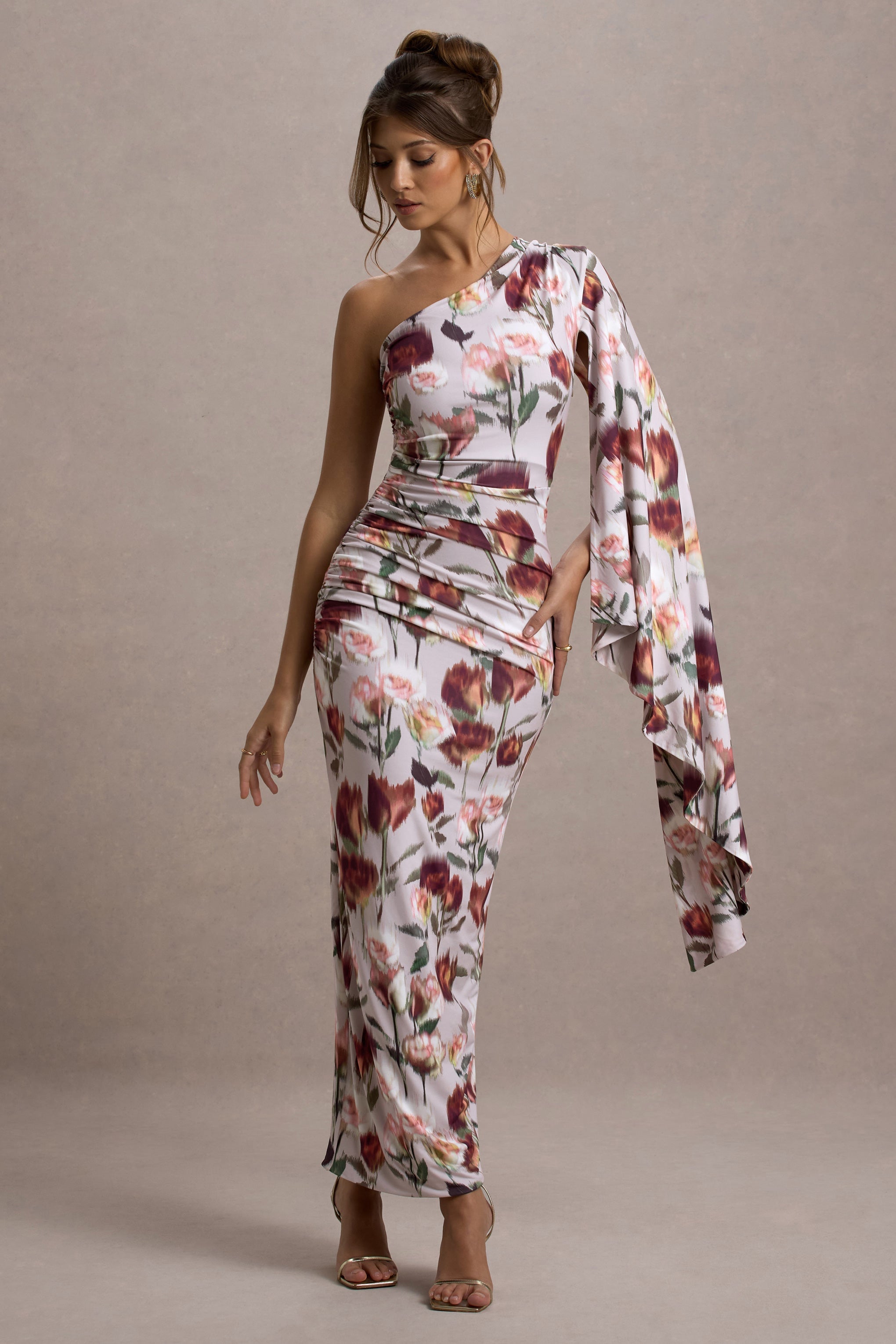 Cream Floral Print Asymmetric Cape Sleeve Maxi Dress