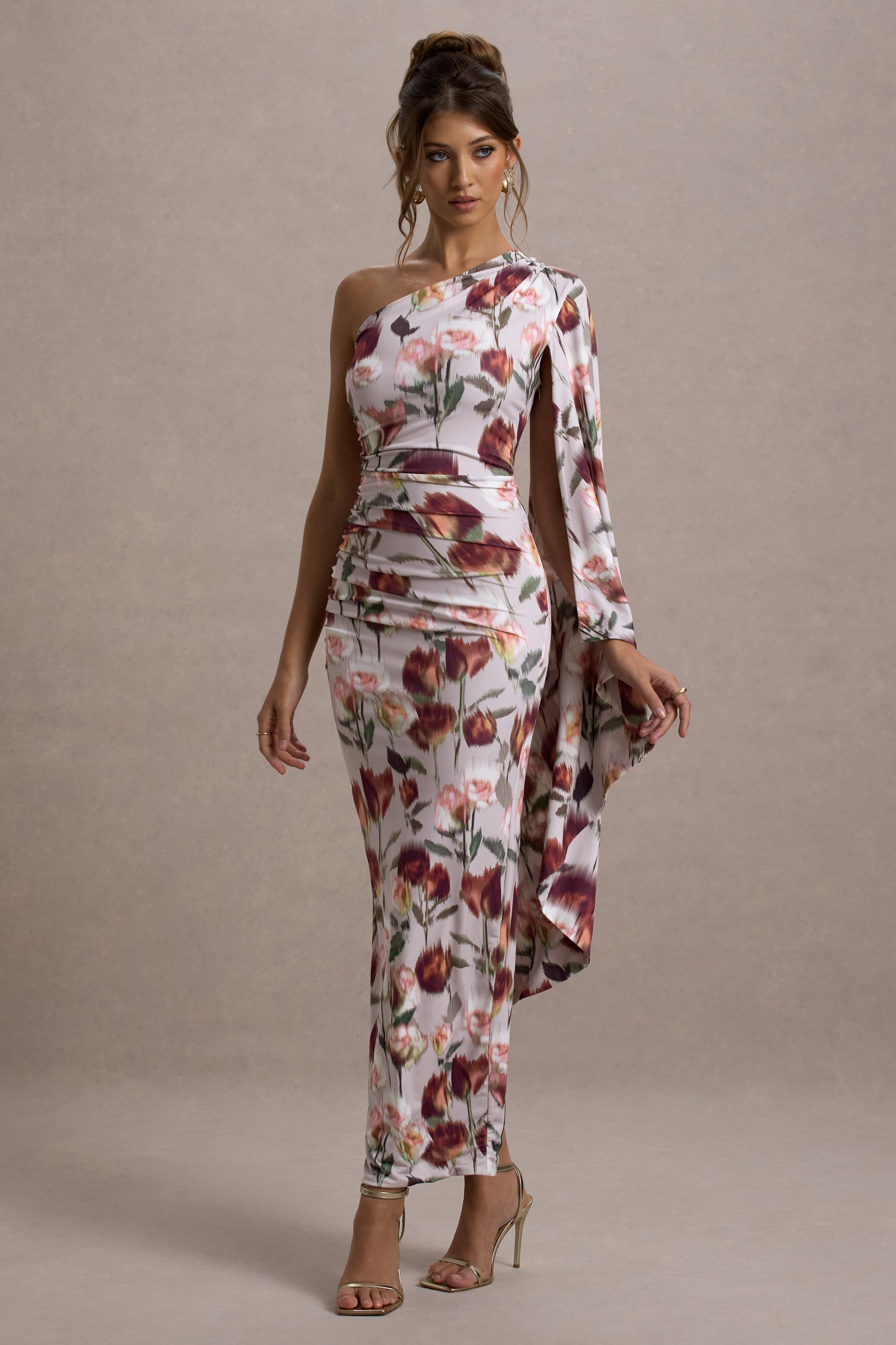 Cream Floral Print Asymmetric Cape Sleeve Maxi Dress