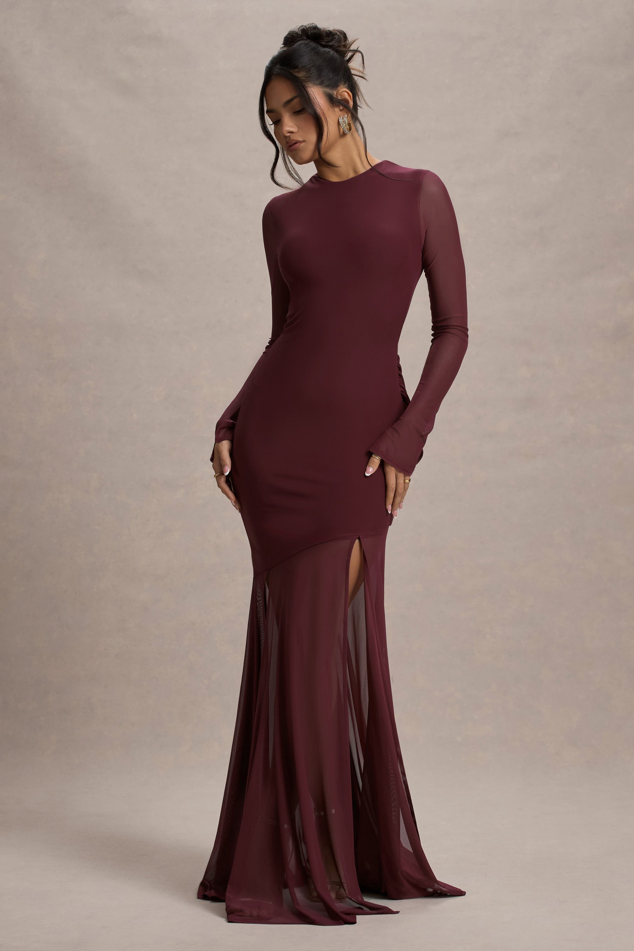 Port Mesh Long-Sleeve Open-Back Maxi Dress