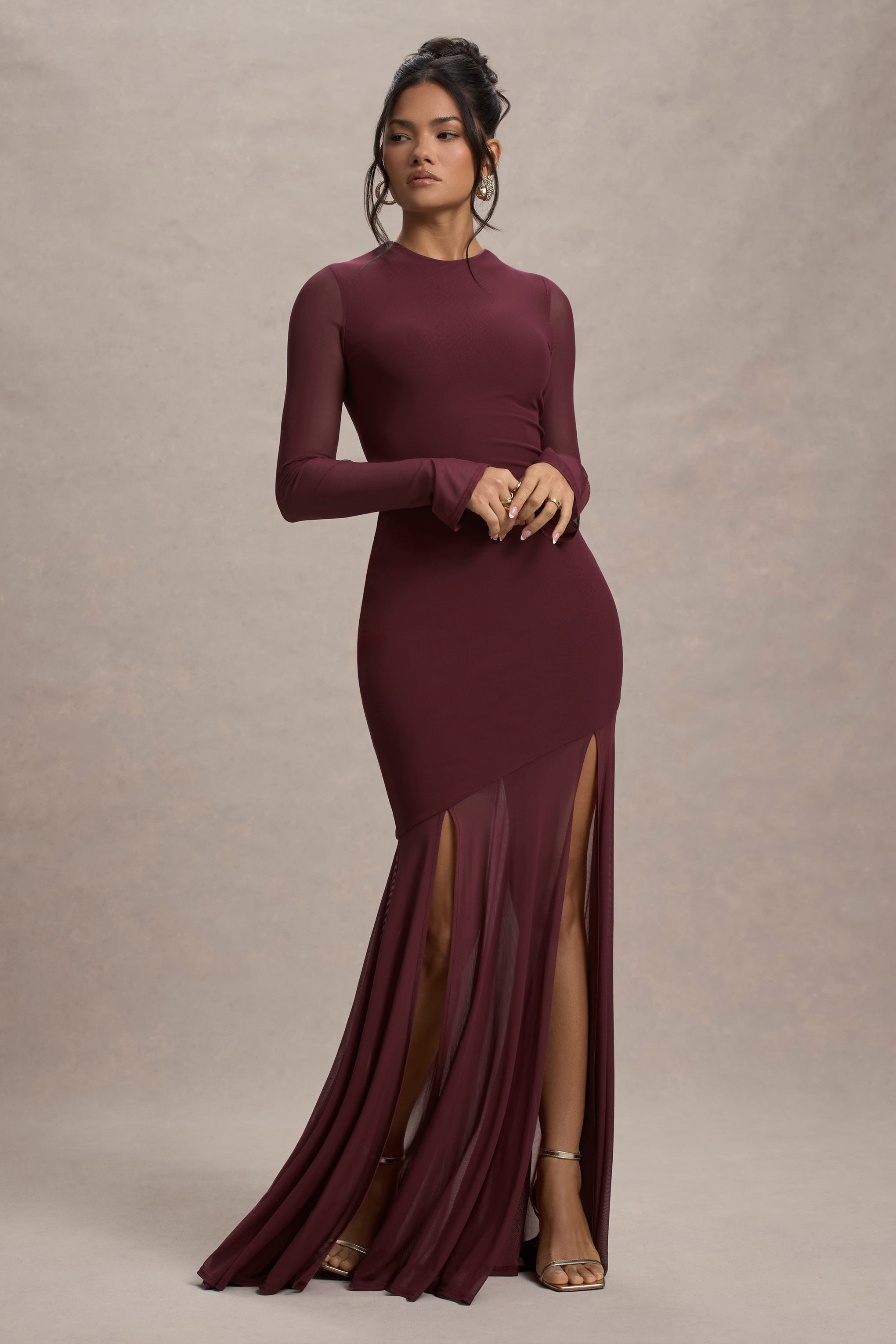 Port Mesh Long-Sleeve Open-Back Maxi Dress