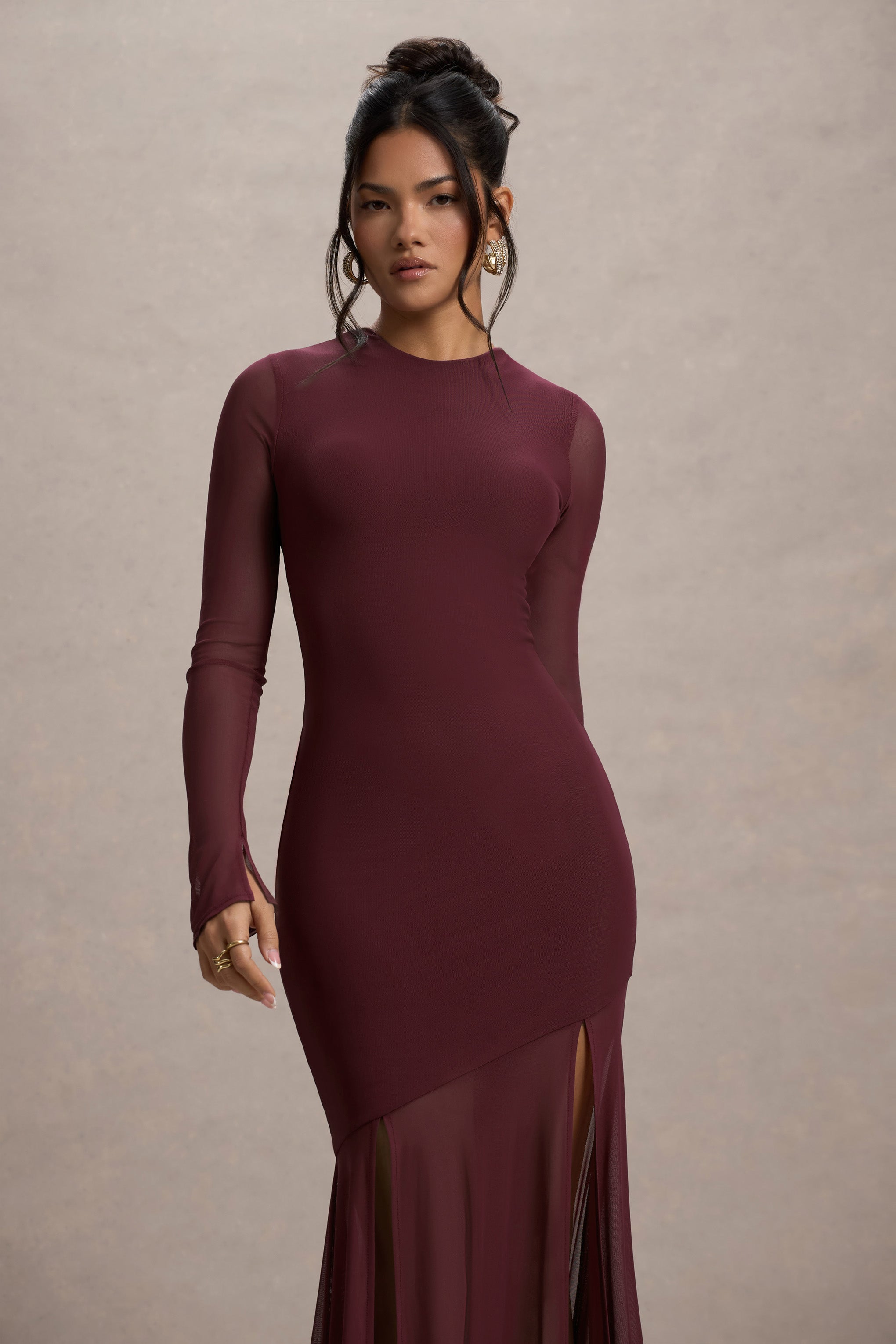 Port Mesh Long-Sleeve Open-Back Maxi Dress