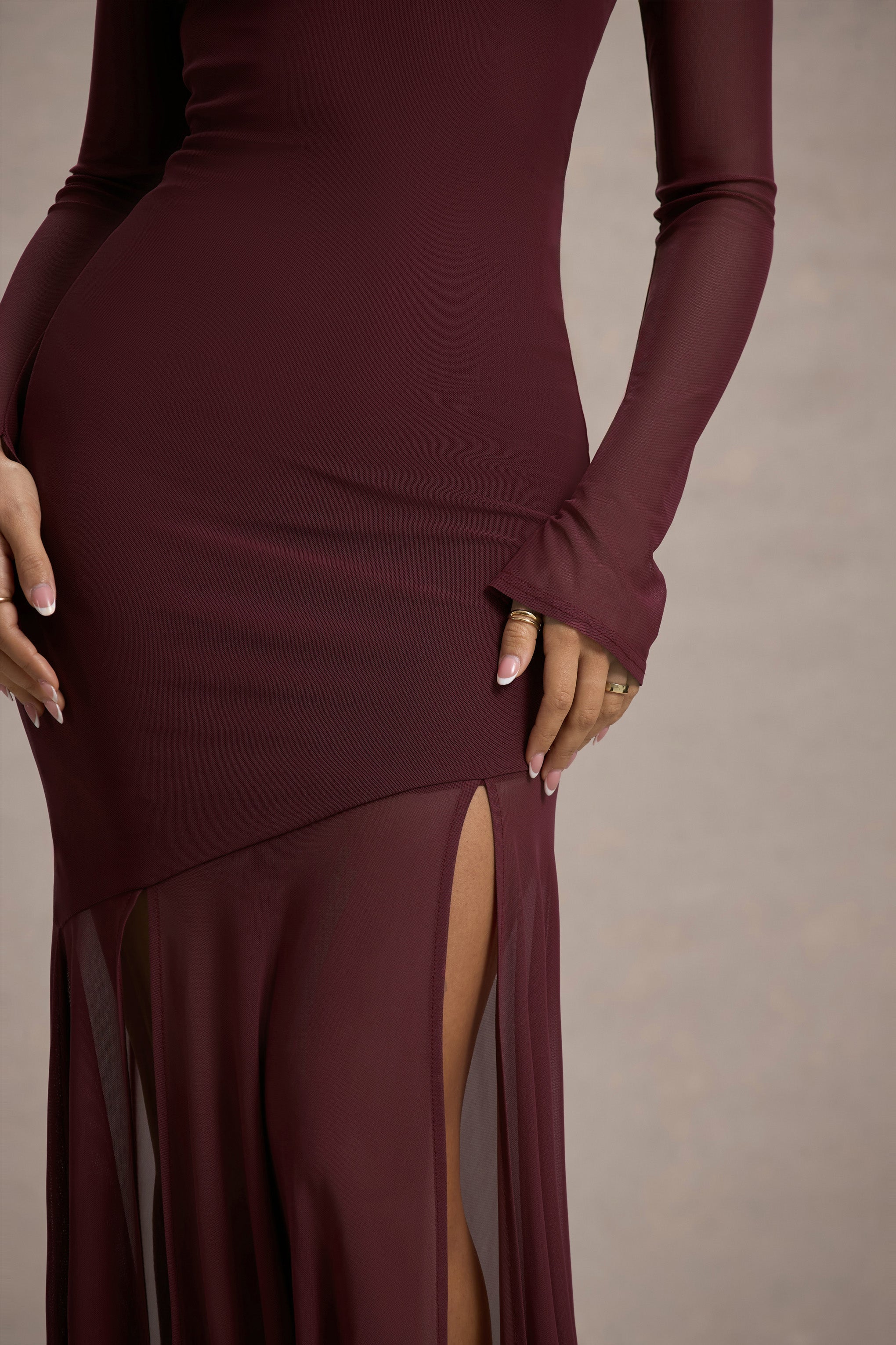 Port Mesh Long-Sleeve Open-Back Maxi Dress