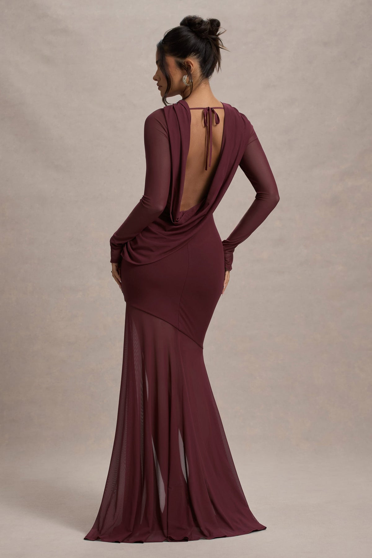 Port Mesh Long-Sleeve Open-Back Maxi Dress