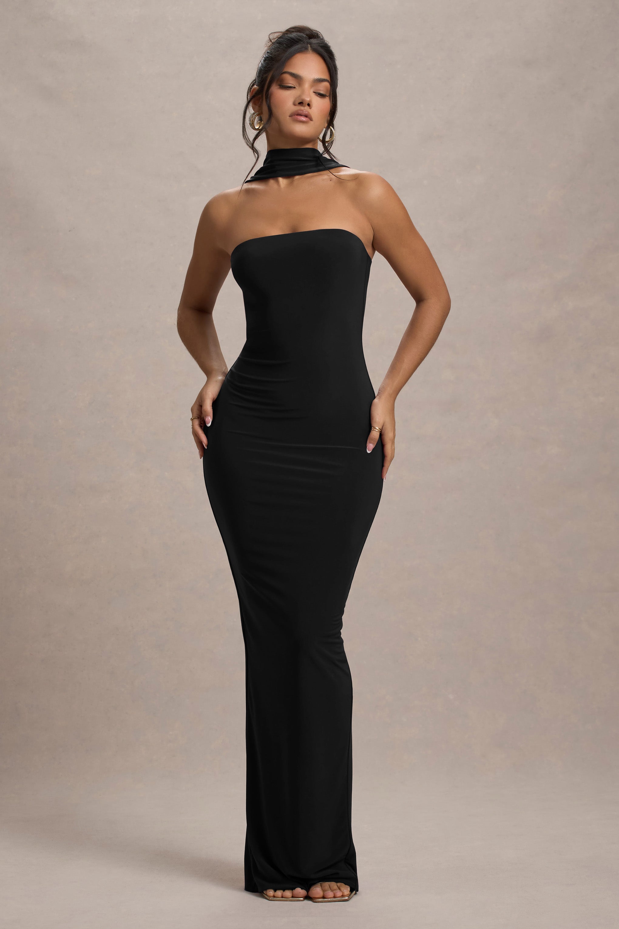 Black Bandeau Maxi Dress With Halter-Collar