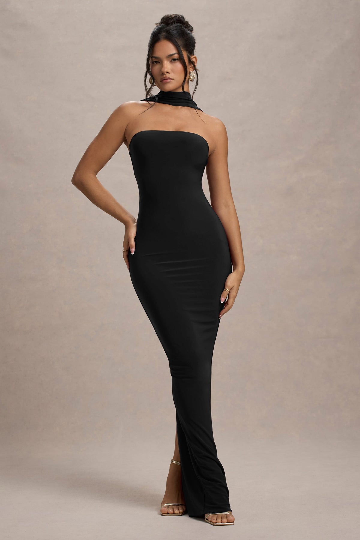 Black Bandeau Maxi Dress With Halter-Collar