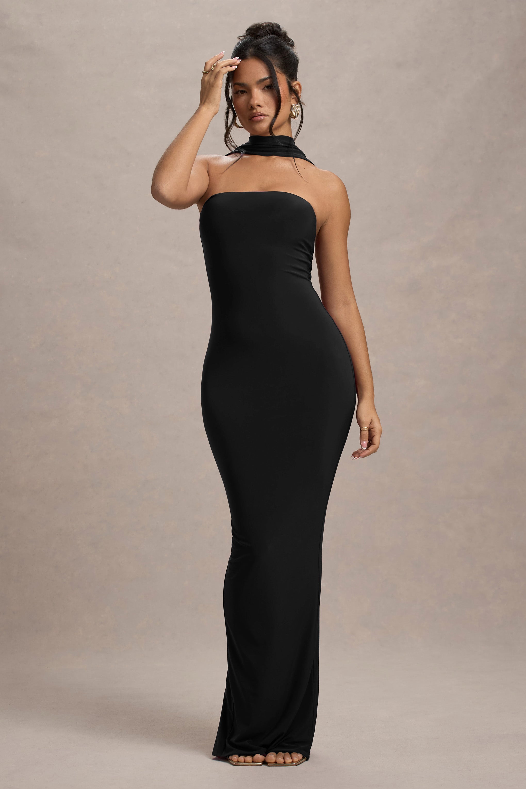 Black Bandeau Maxi Dress With Halter-Collar