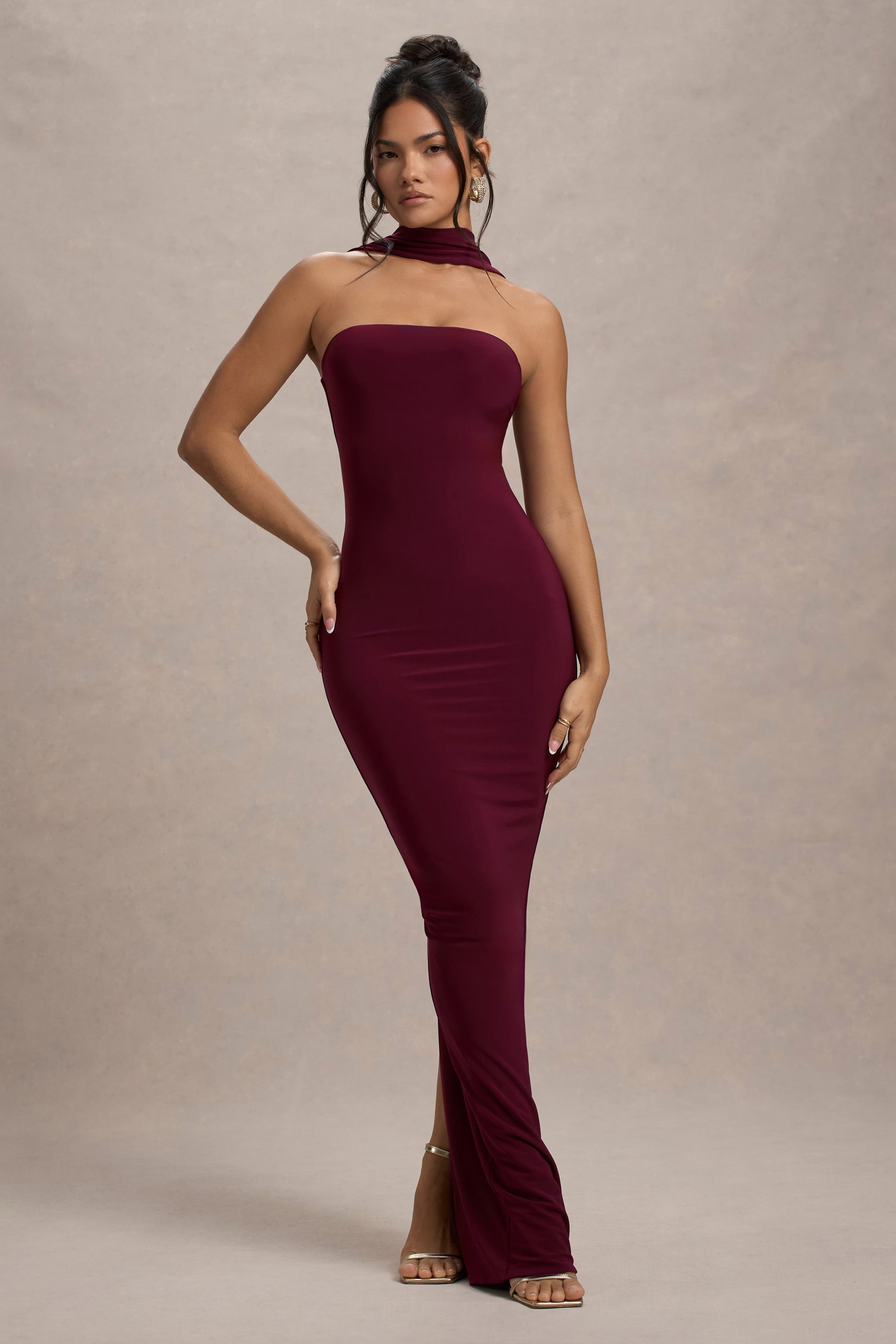 Burgundy Bandeau Maxi Dress With Halter-Collar