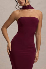 Burgundy Bandeau Maxi Dress With Halter-Collar