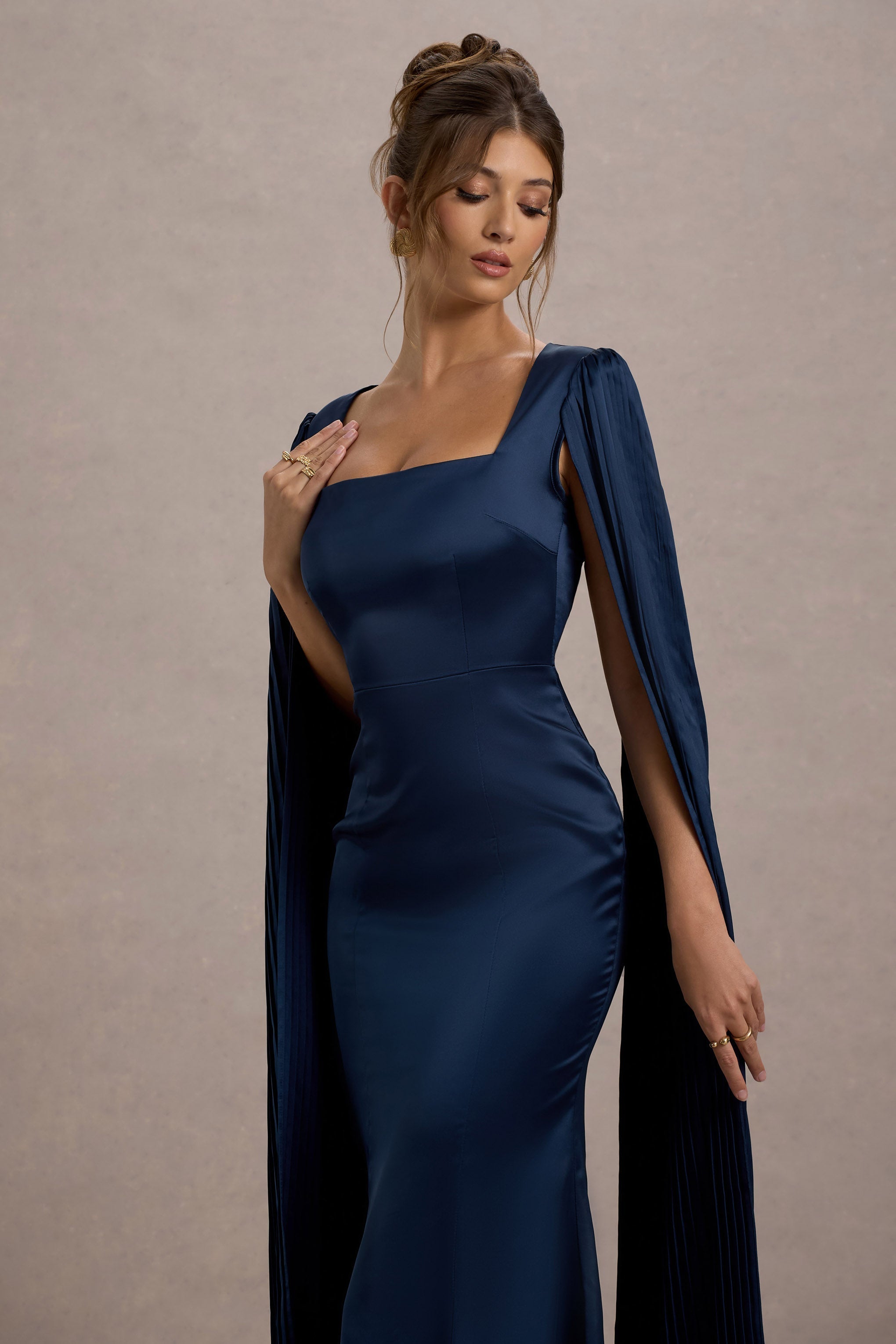 Navy Square-Neck Midi Dress With Cape Sleeves