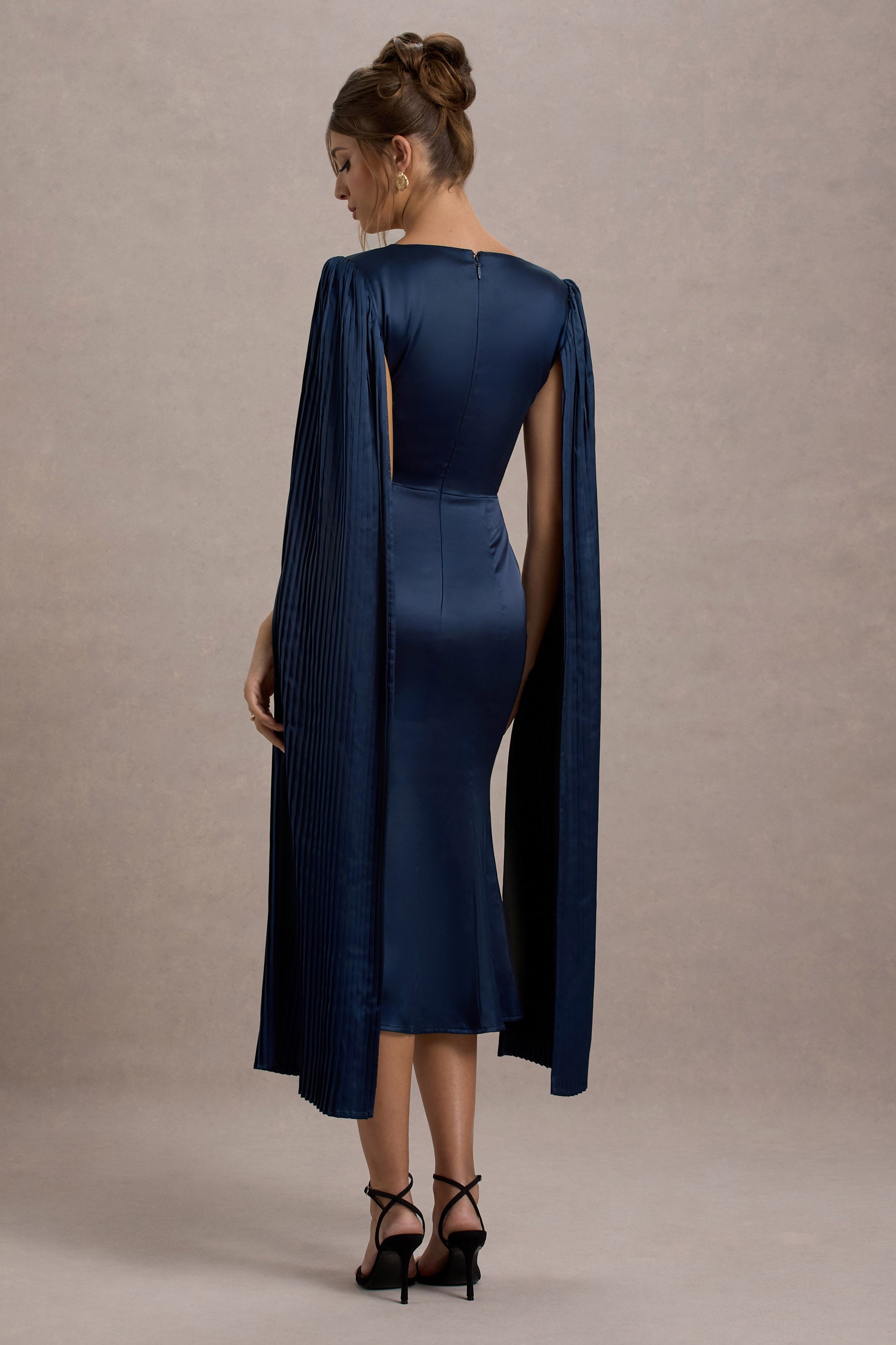 Navy Square-Neck Midi Dress With Cape Sleeves