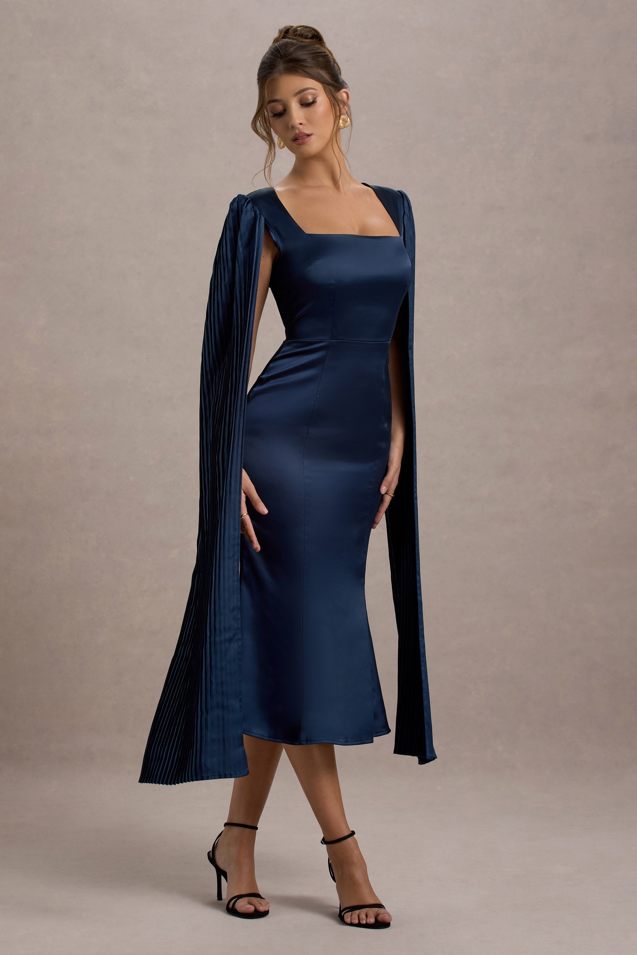 Navy Square-Neck Midi Dress With Cape Sleeves