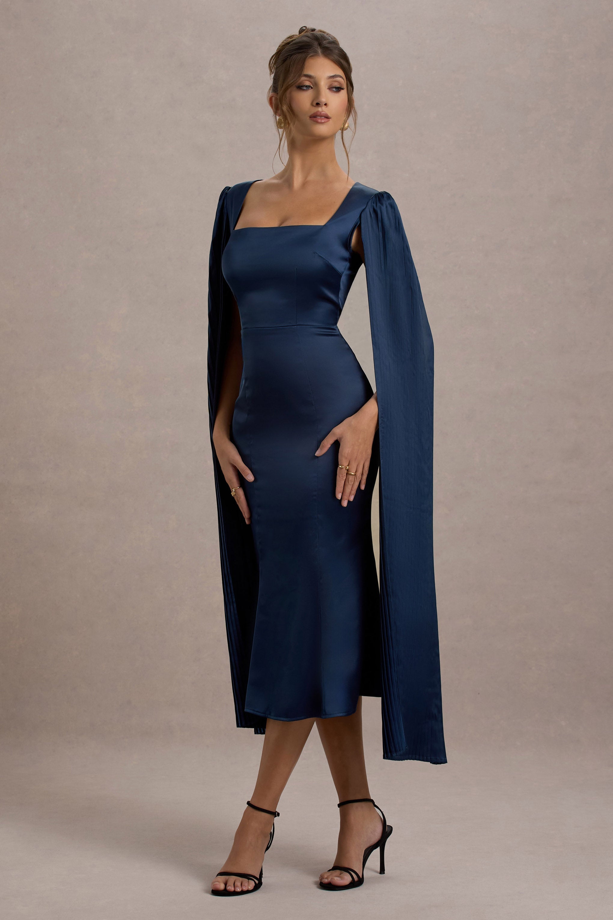 Navy Square-Neck Midi Dress With Cape Sleeves