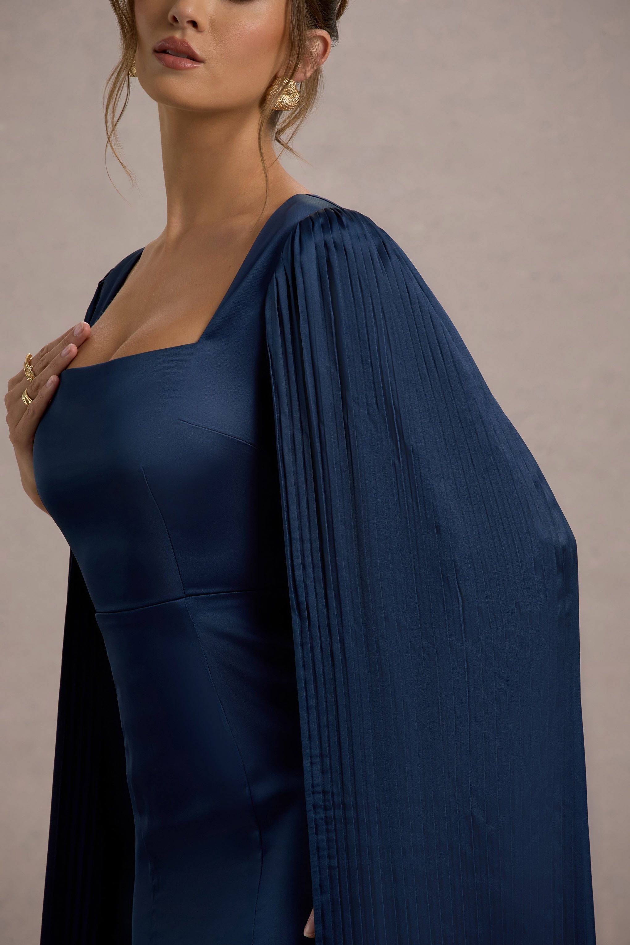 Navy Square-Neck Midi Dress With Cape Sleeves
