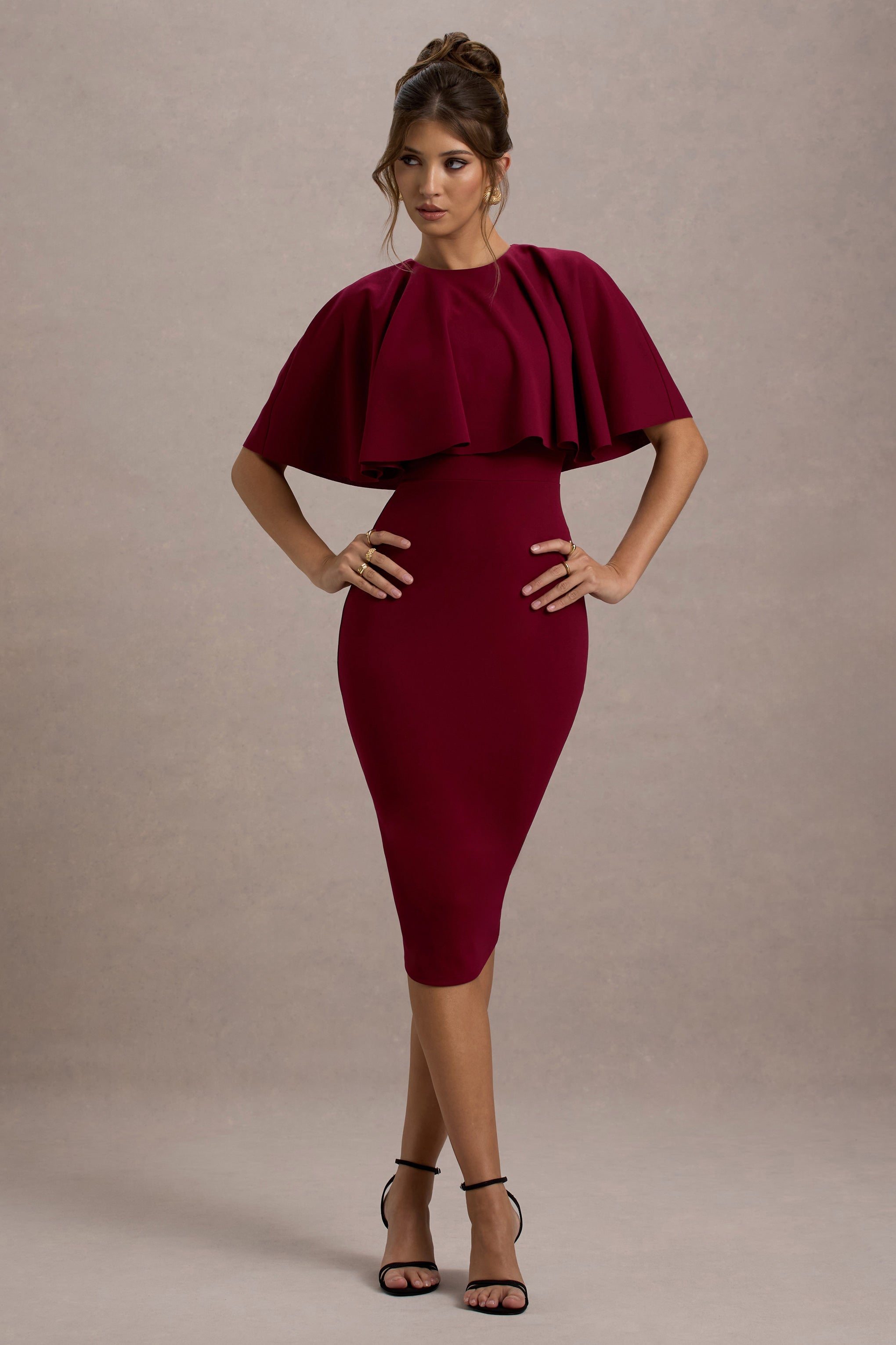 Berry Bodycon Cape Midi Dress