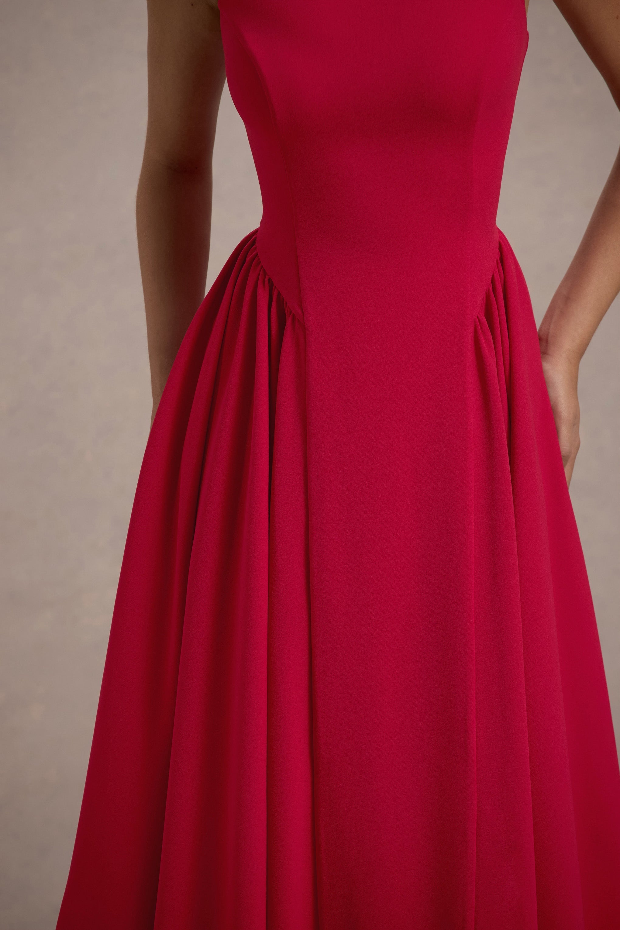 Red Boat-Neck Volume-Hem Midi Dress