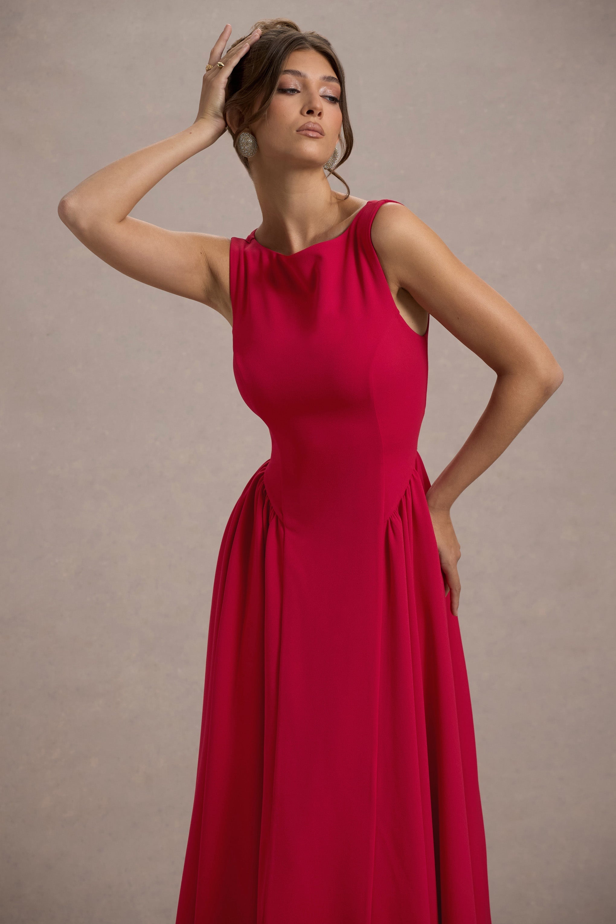 Red Boat-Neck Volume-Hem Midi Dress