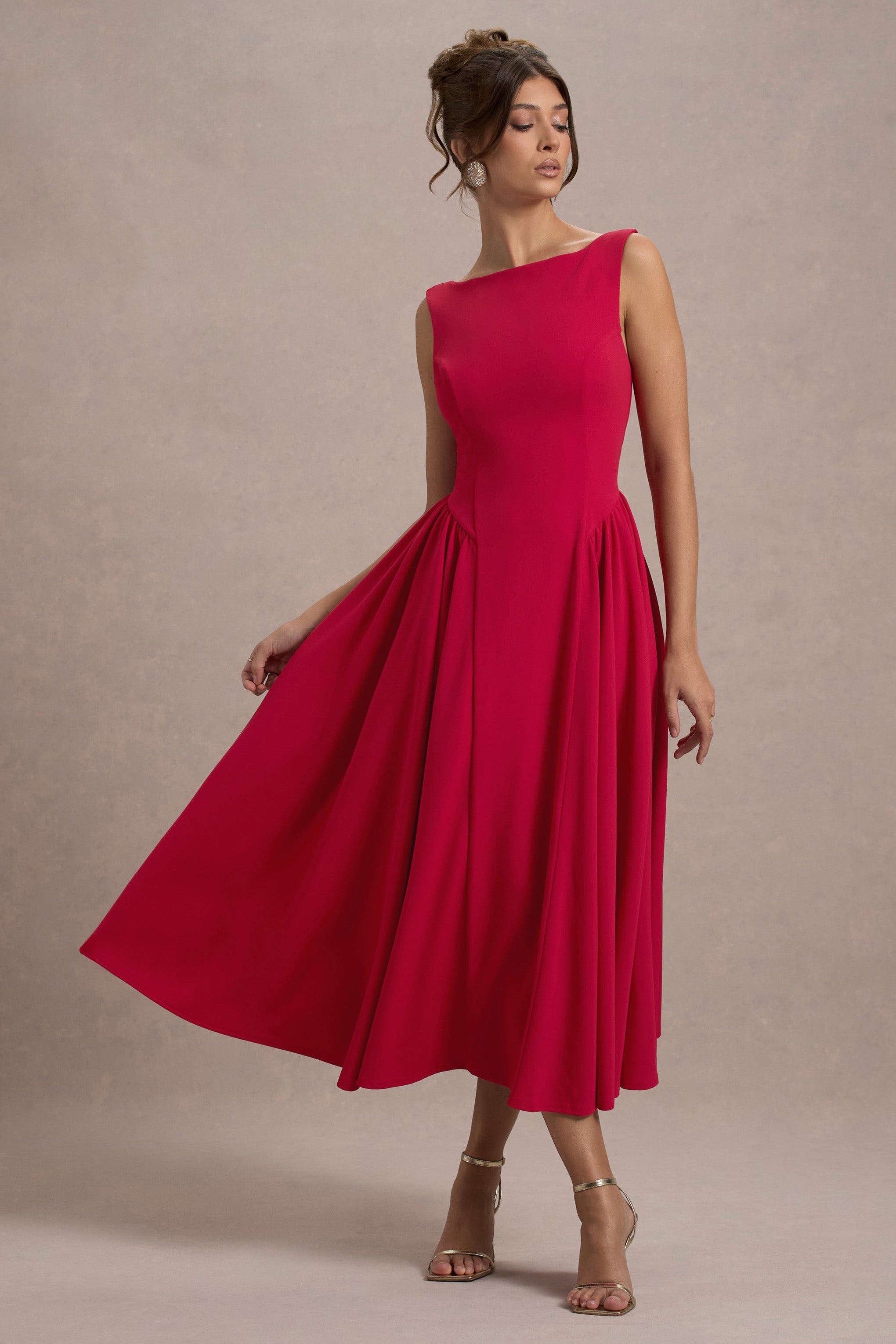 Red Boat-Neck Volume-Hem Midi Dress