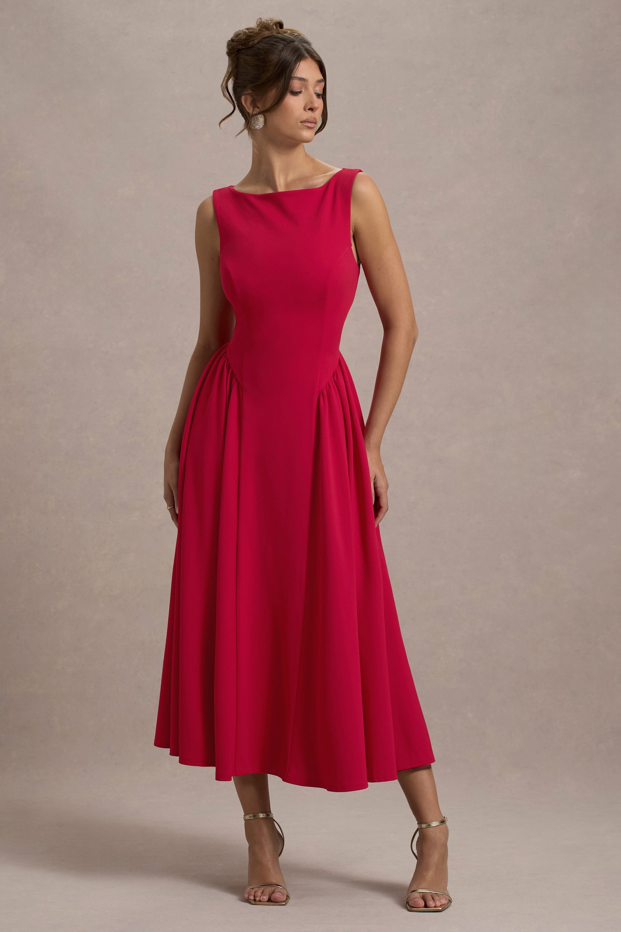 Red Boat-Neck Volume-Hem Midi Dress