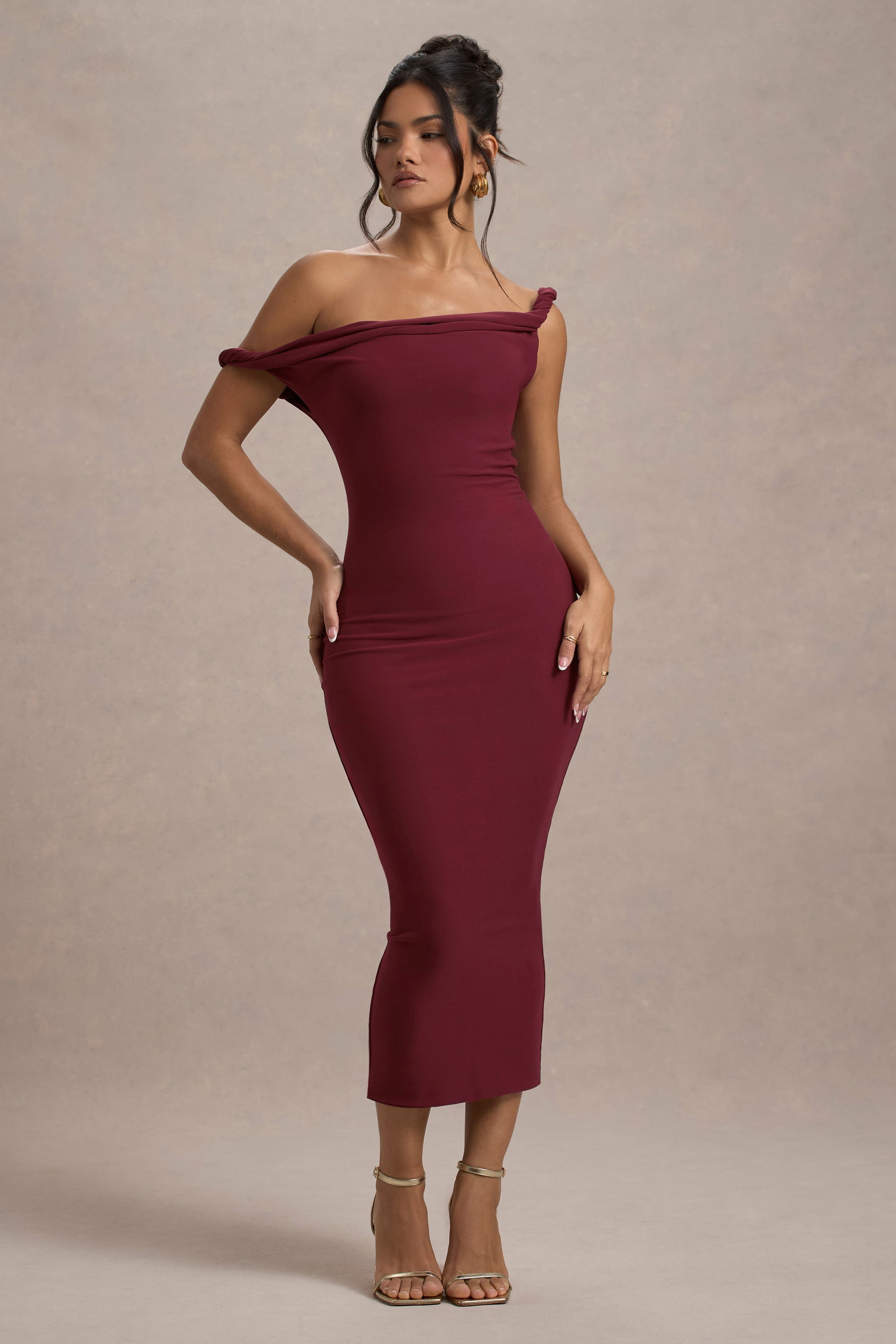 Berry Twisted Asymmetric Midi Dress