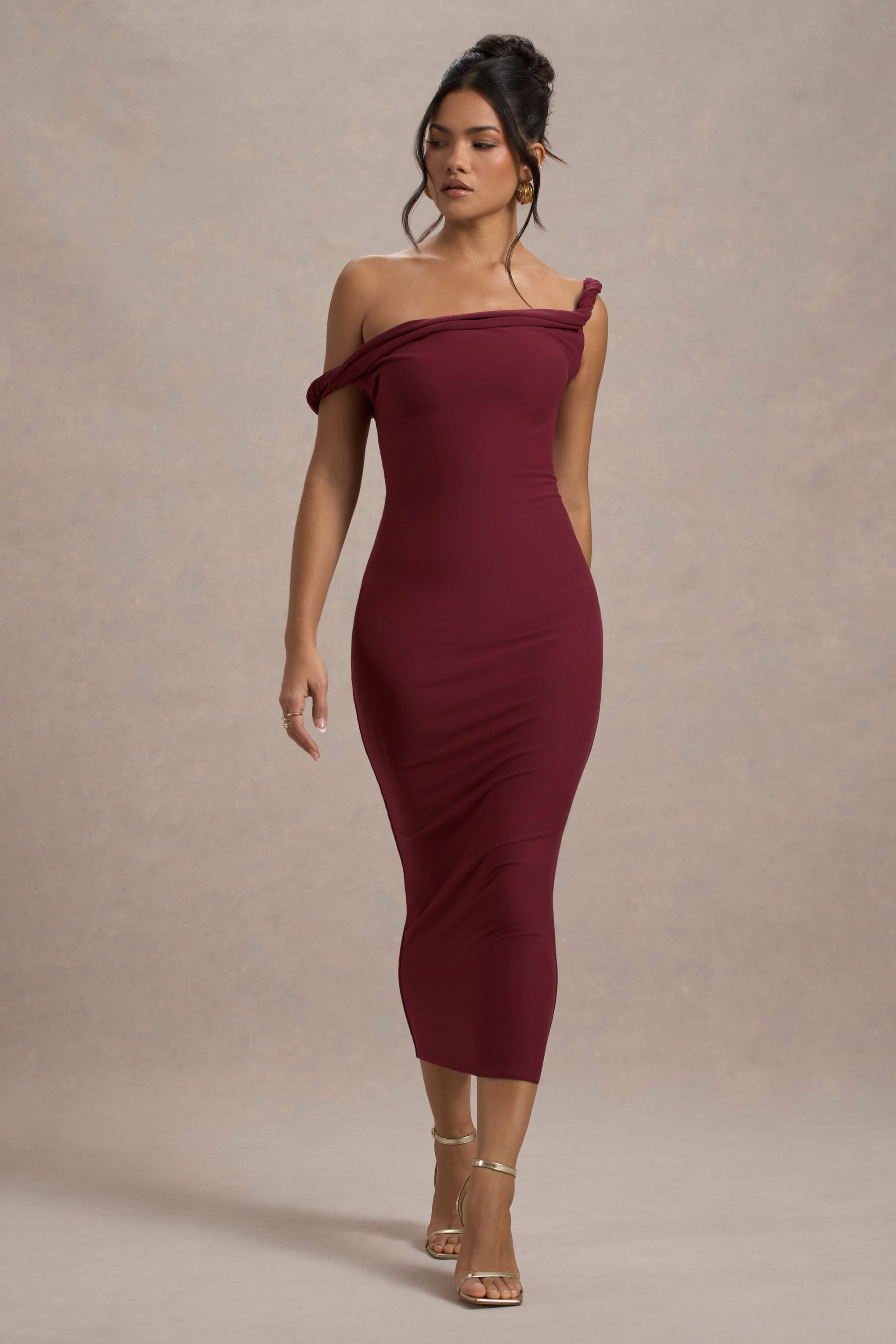 Berry Twisted Asymmetric Midi Dress