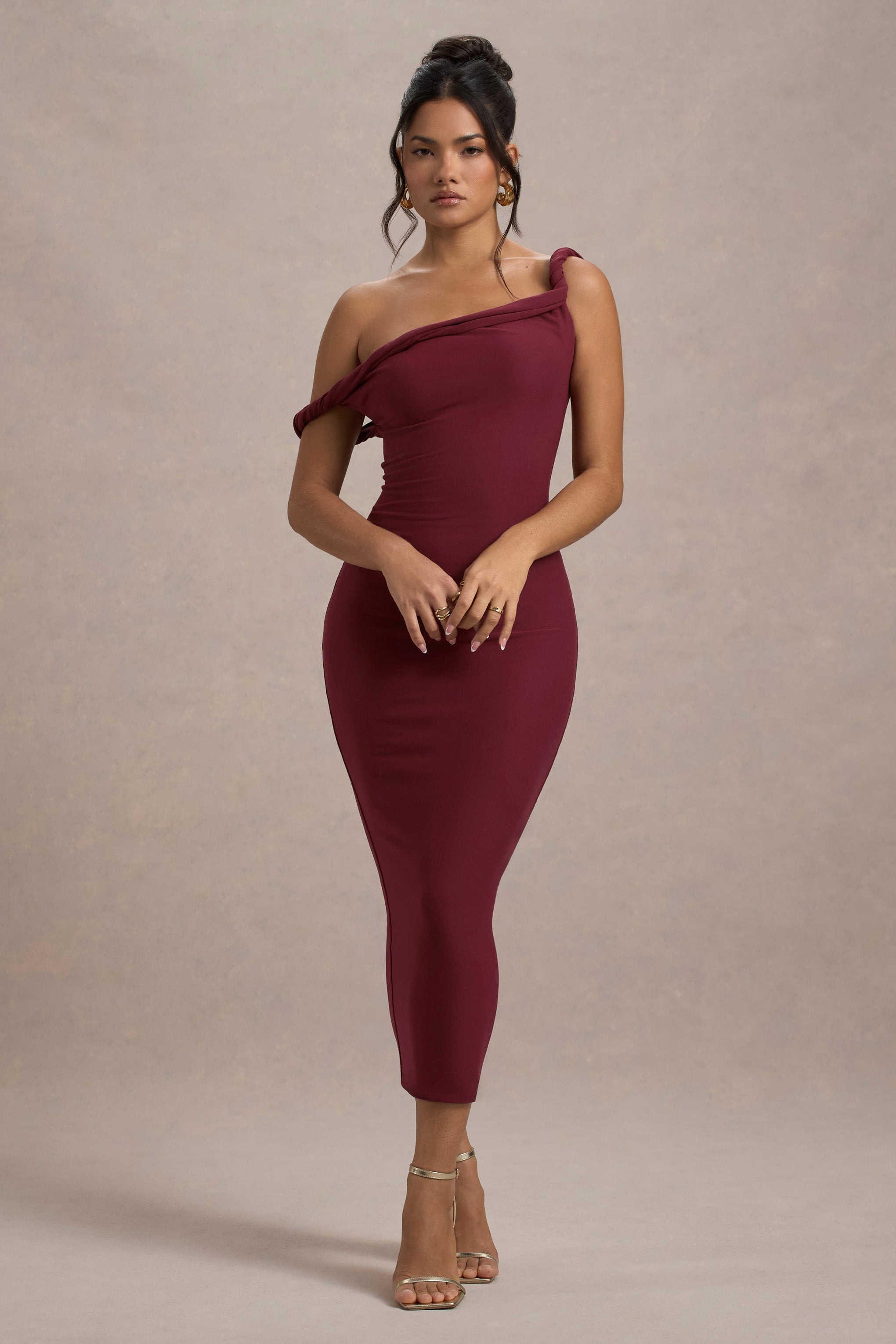 Berry Twisted Asymmetric Midi Dress